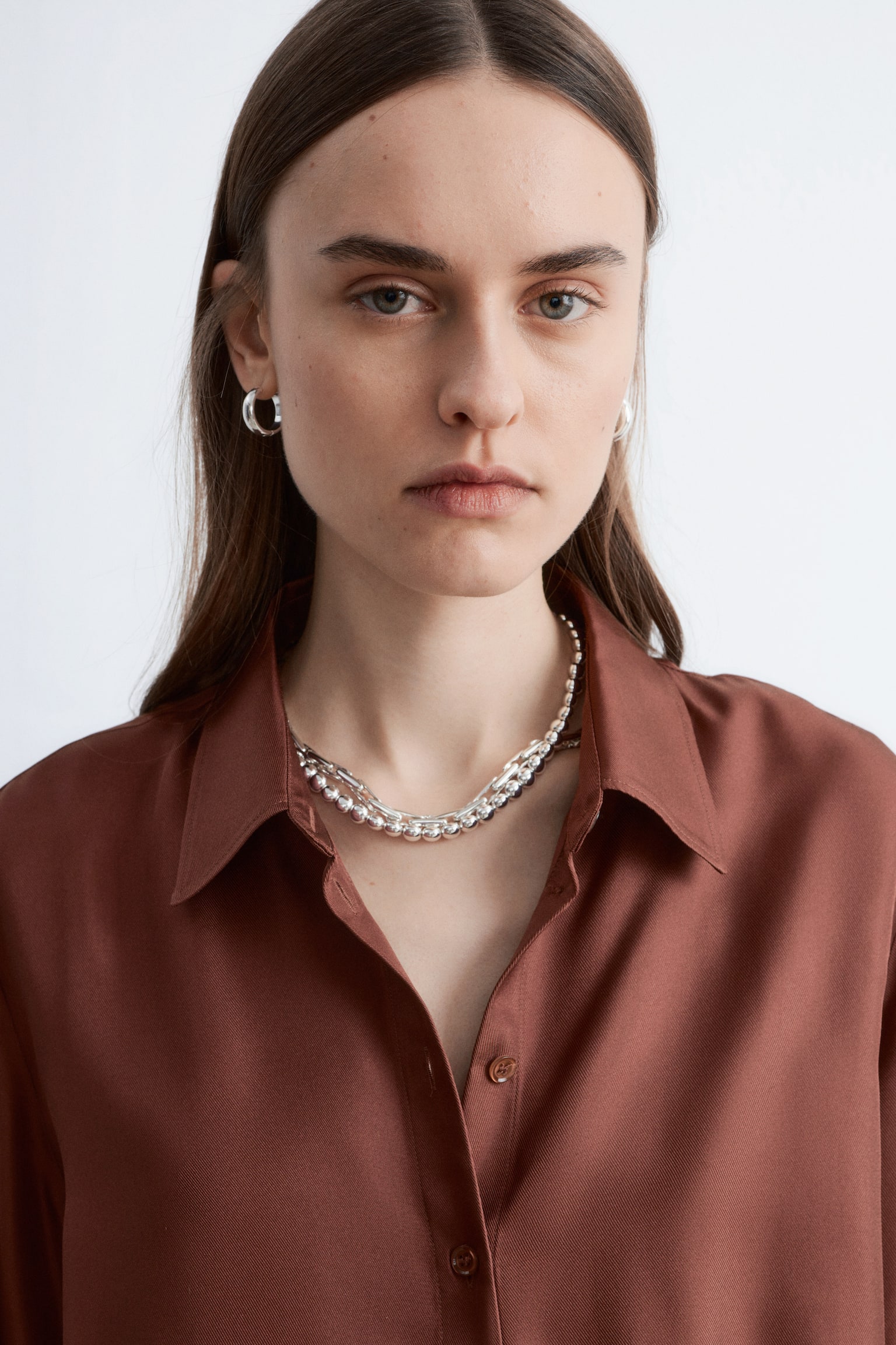 Luźna jedwabna koszula - Brązowy/Brązowy/białe groszki/Ciemnoniebieski - 7