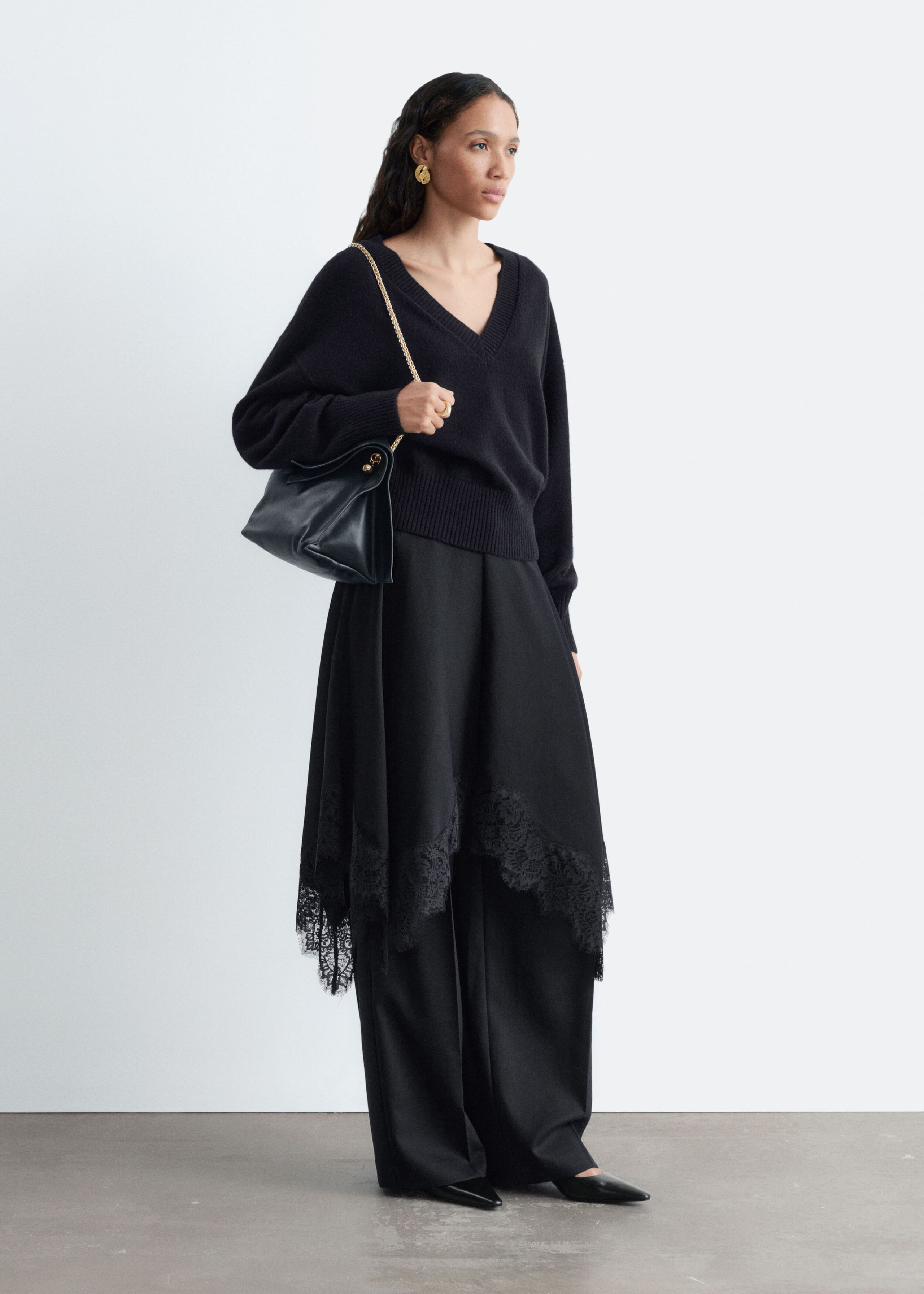 Wool-Cotton V-Neck Jumper - Black - Still Life