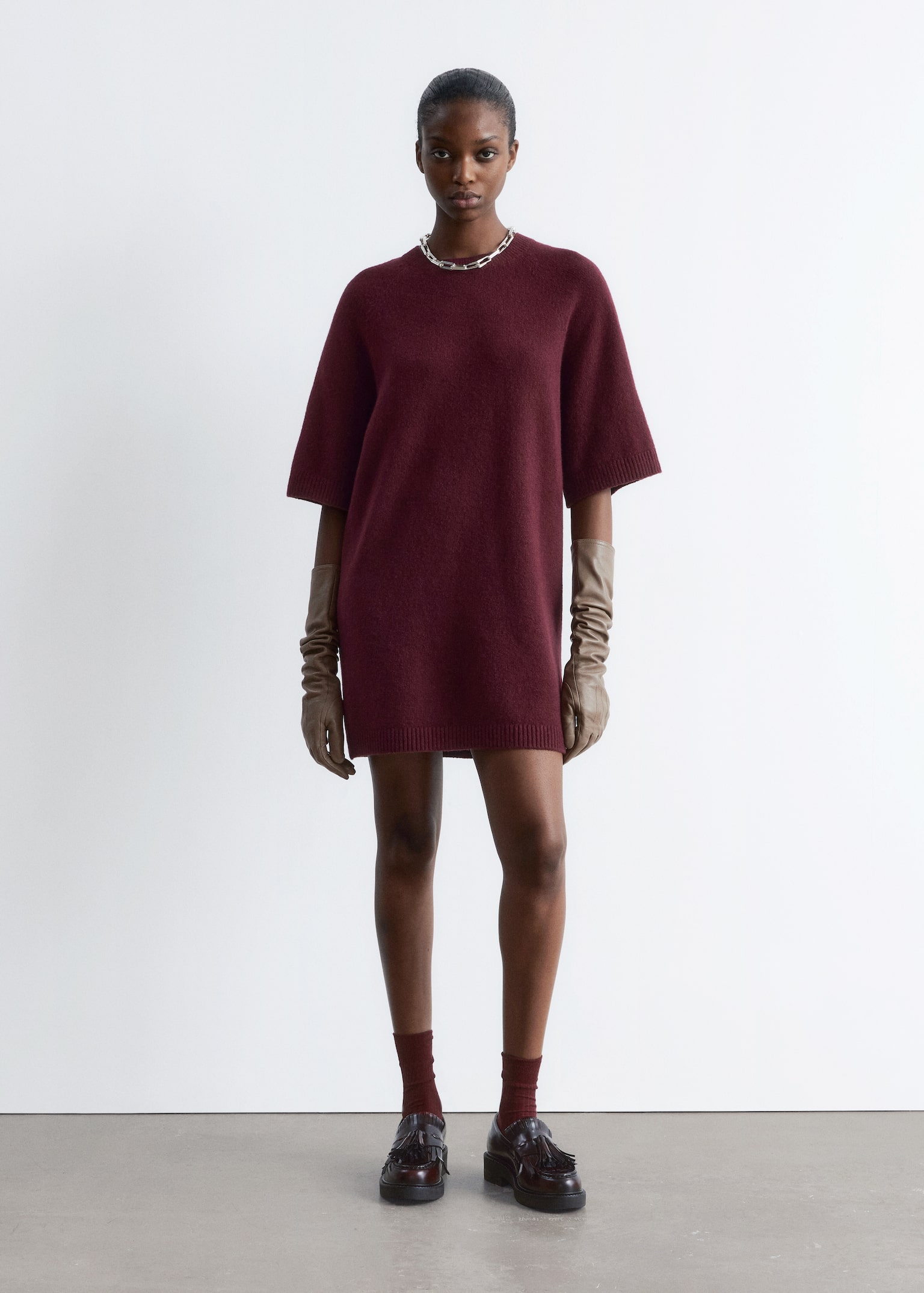 Knitted T-Shirt Mini Dress - Dark Red/Dark Brown - 3