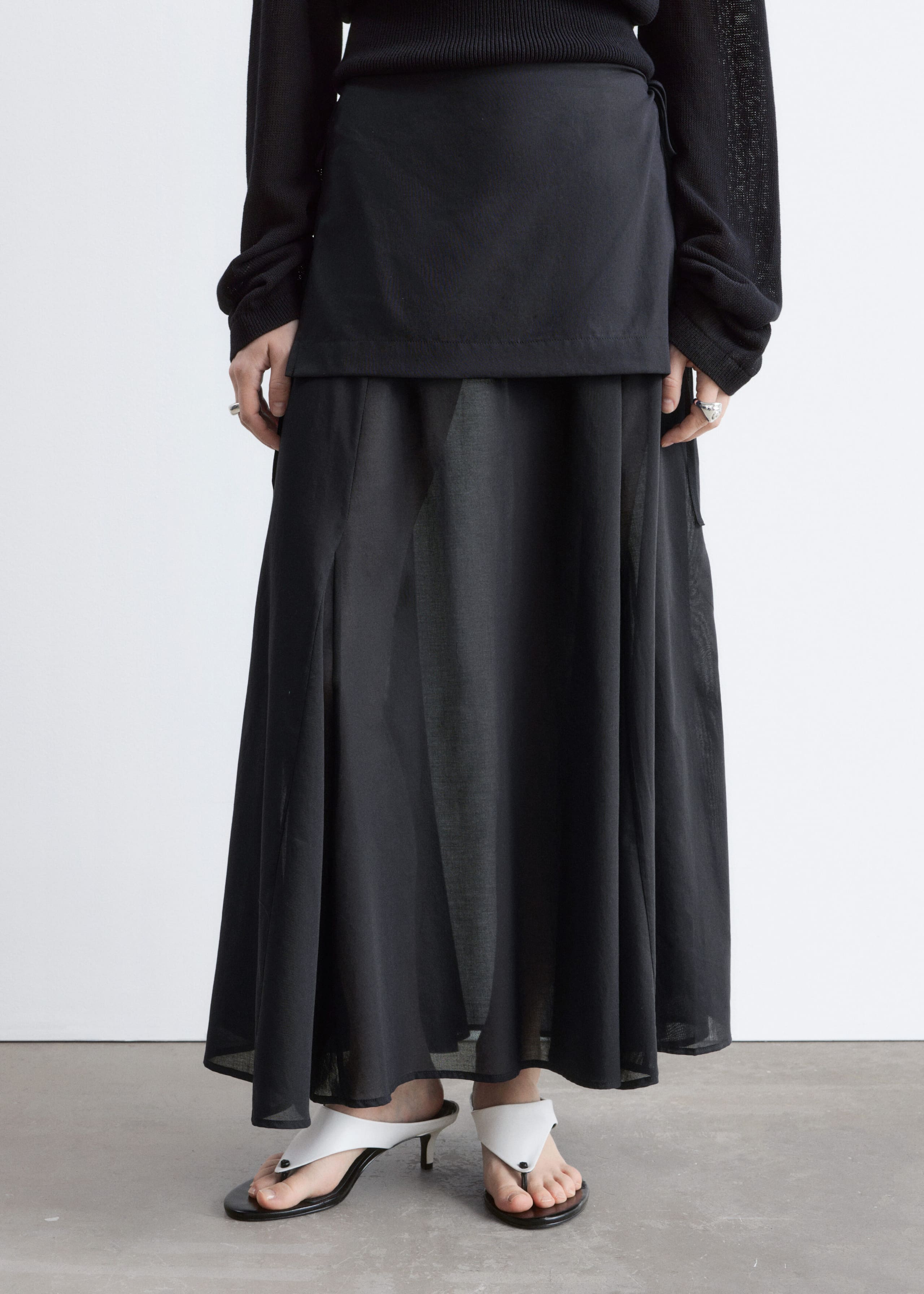 Sheer Apron Midi Skirt - Black - Lookbook