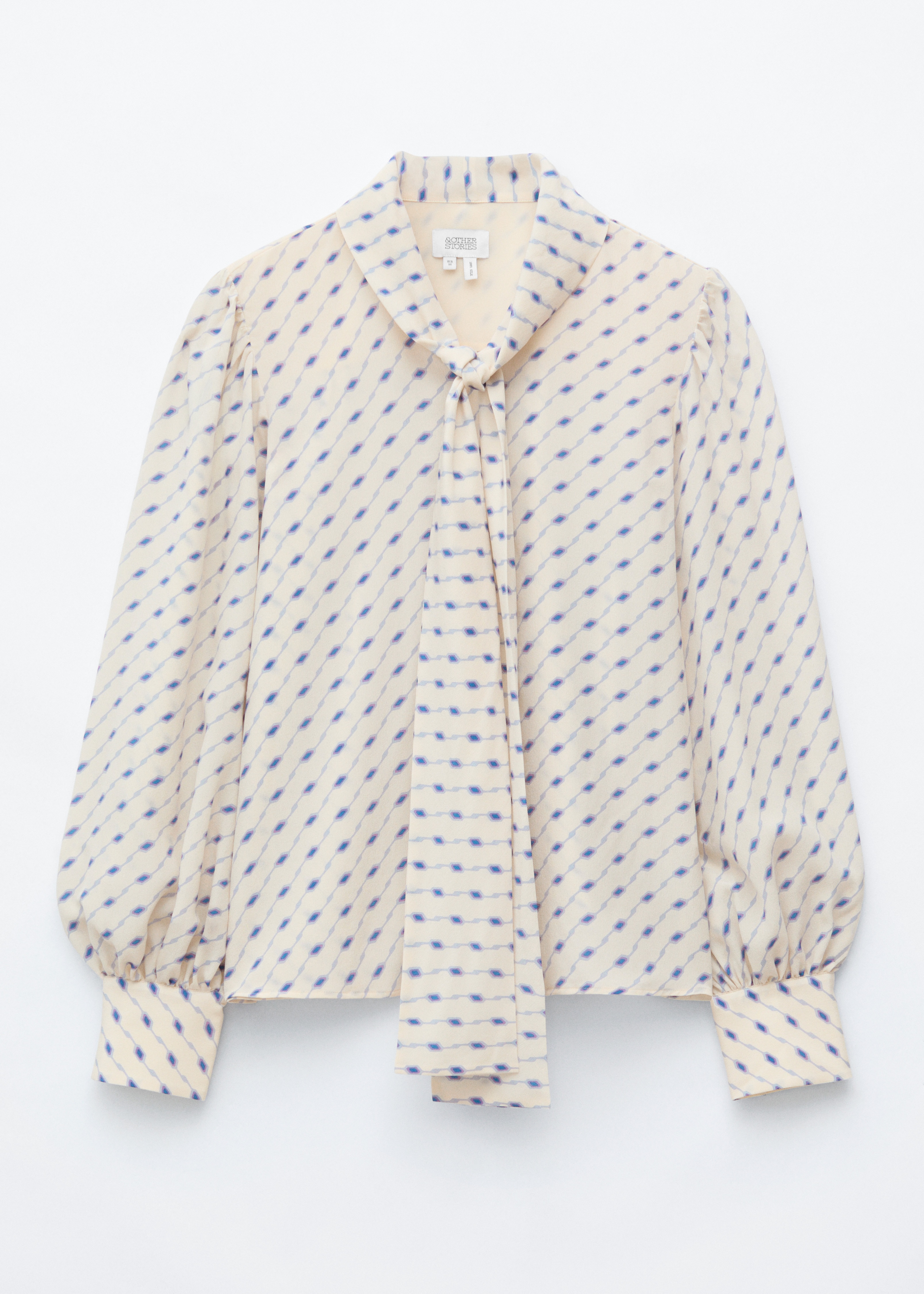 Blusa con sciarpa in seta stampata - Beige/Stampa blu