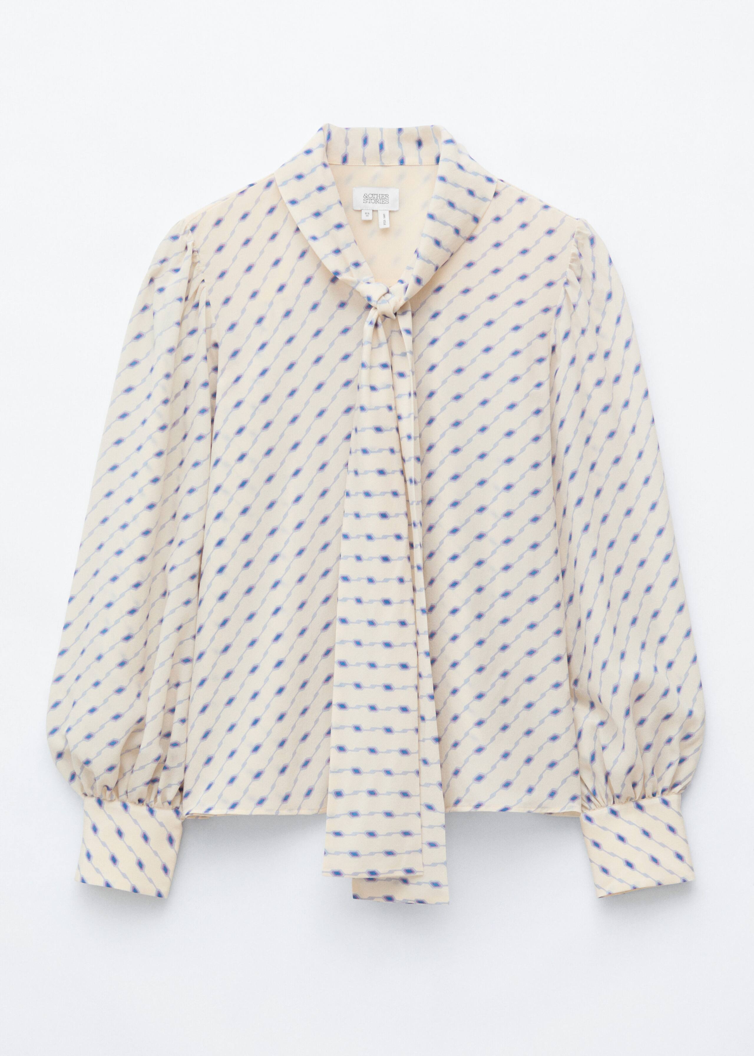 Printed Silk Scarf Blouse - Beige/Blue Print - Lookbook