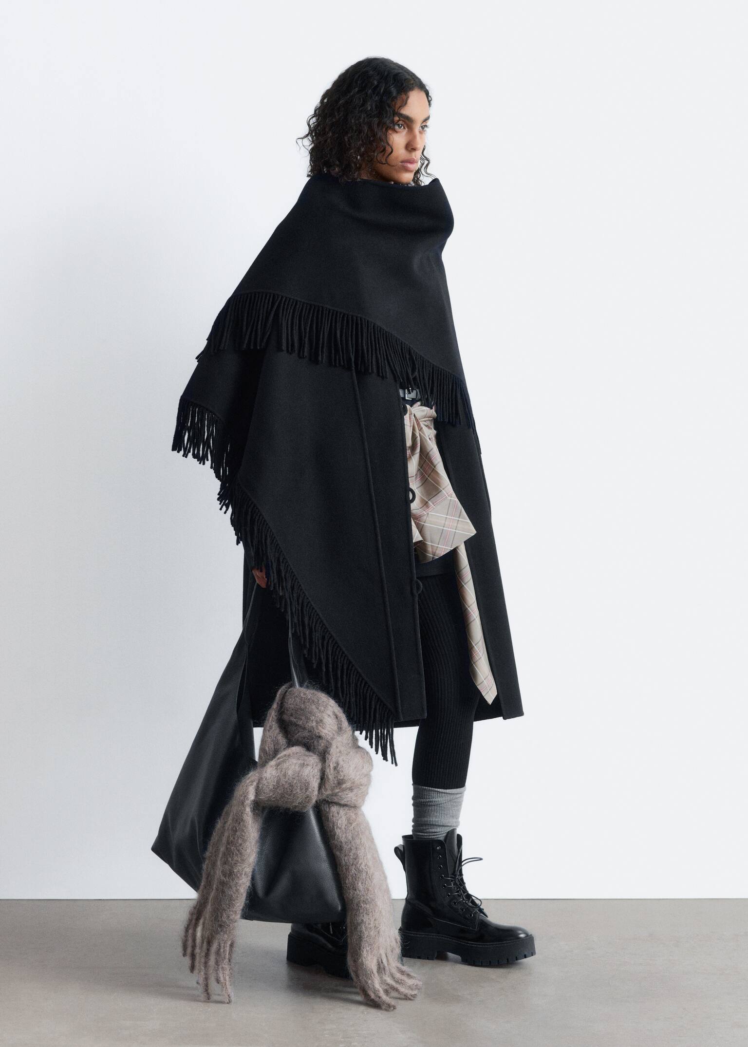 Fringed Shawl Wool Coat - Black - 3