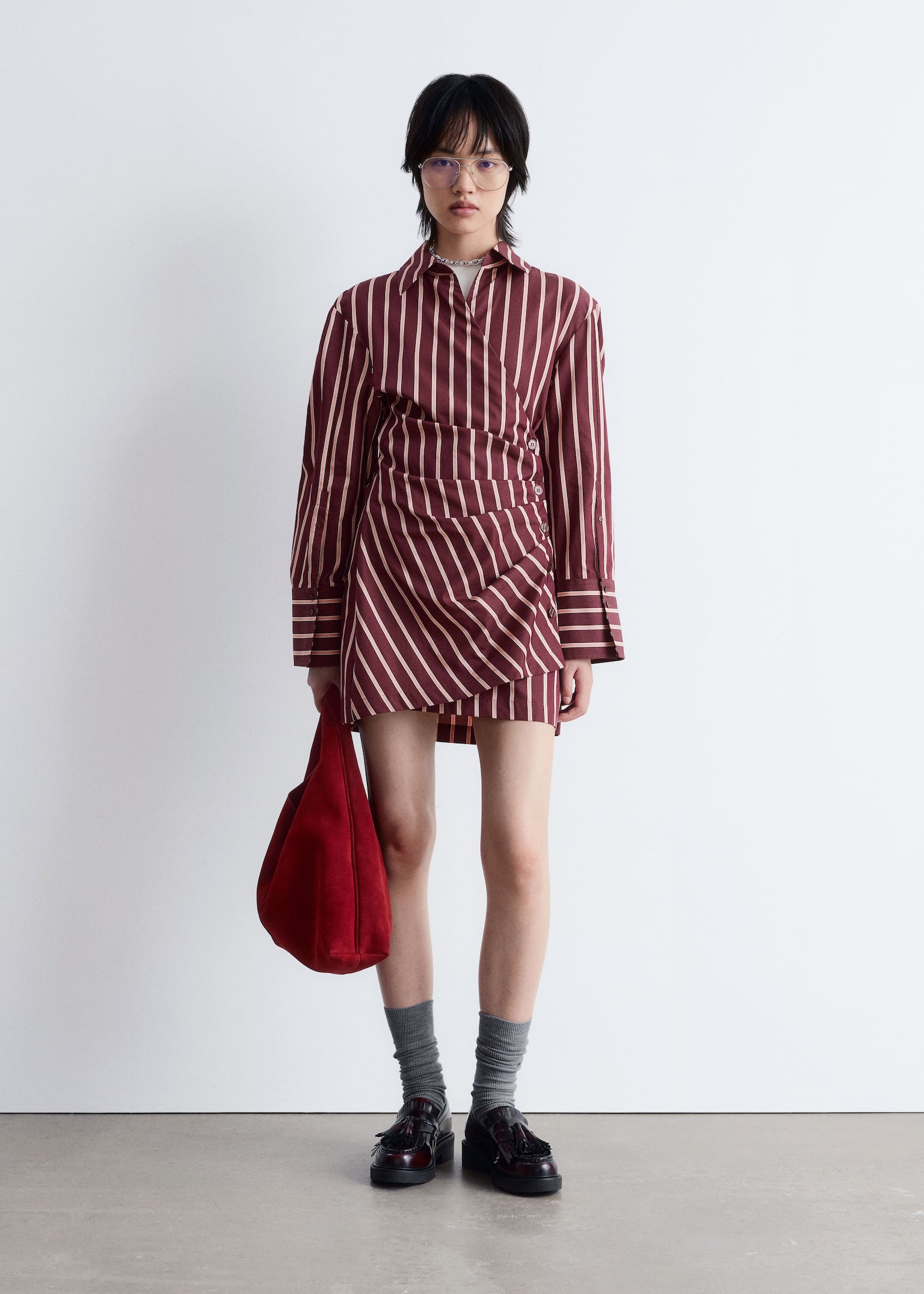 Wrap Shirt Mini Dress - Dark Red/Pink Stripes/Light Blue/Brown Stripes/Blue Stripes/Black