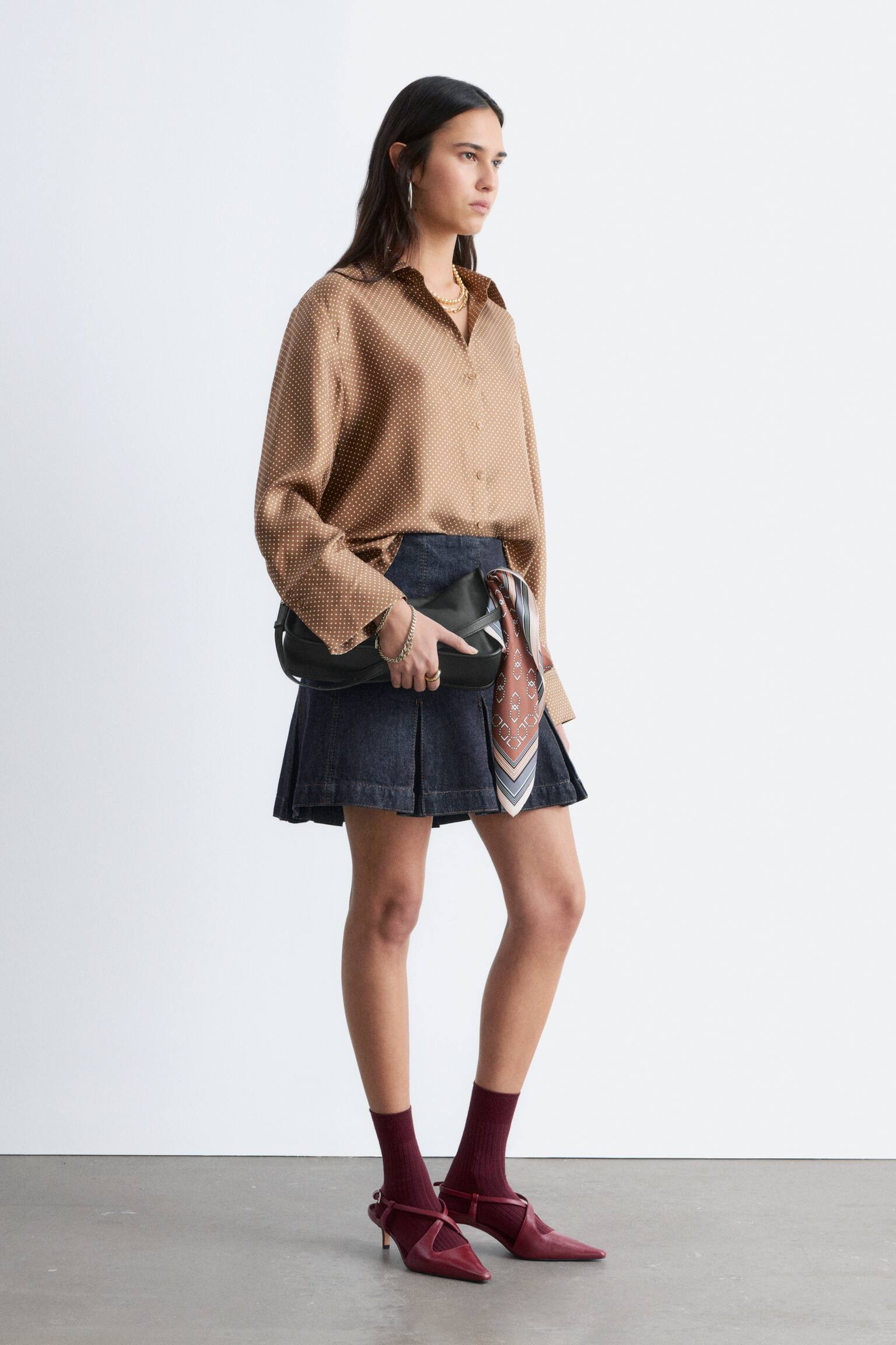 Volná hedvábná košile - Hnědé/bílé puntíky/Krémová/Hnědá/Tmavě modrá - 4