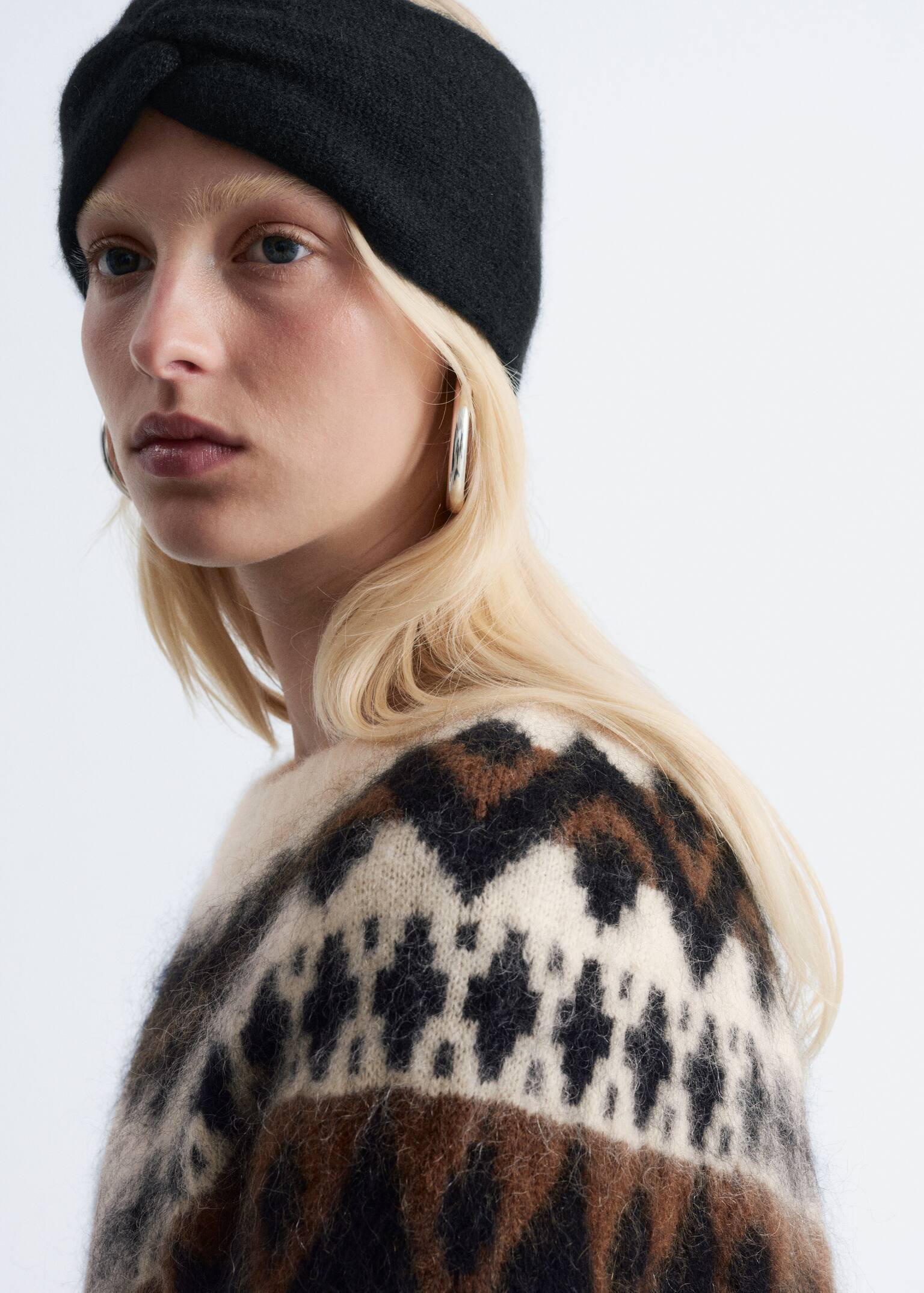 Twist-Front Cashmere Headband - Black/White/Beige