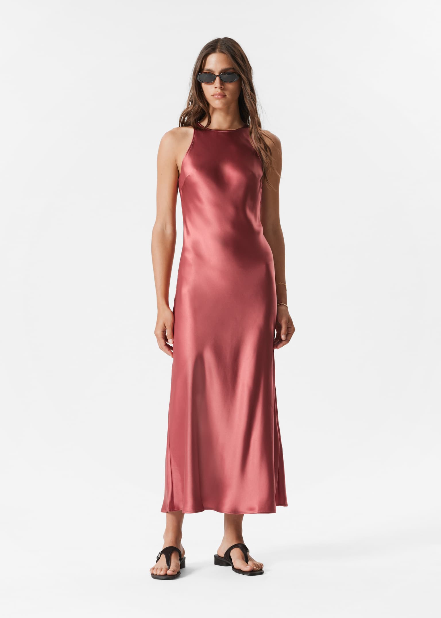 Ärmelloses Midikleid aus Satin - Dark Pink/Dunkelbraun/Schwarz/Mittelblau