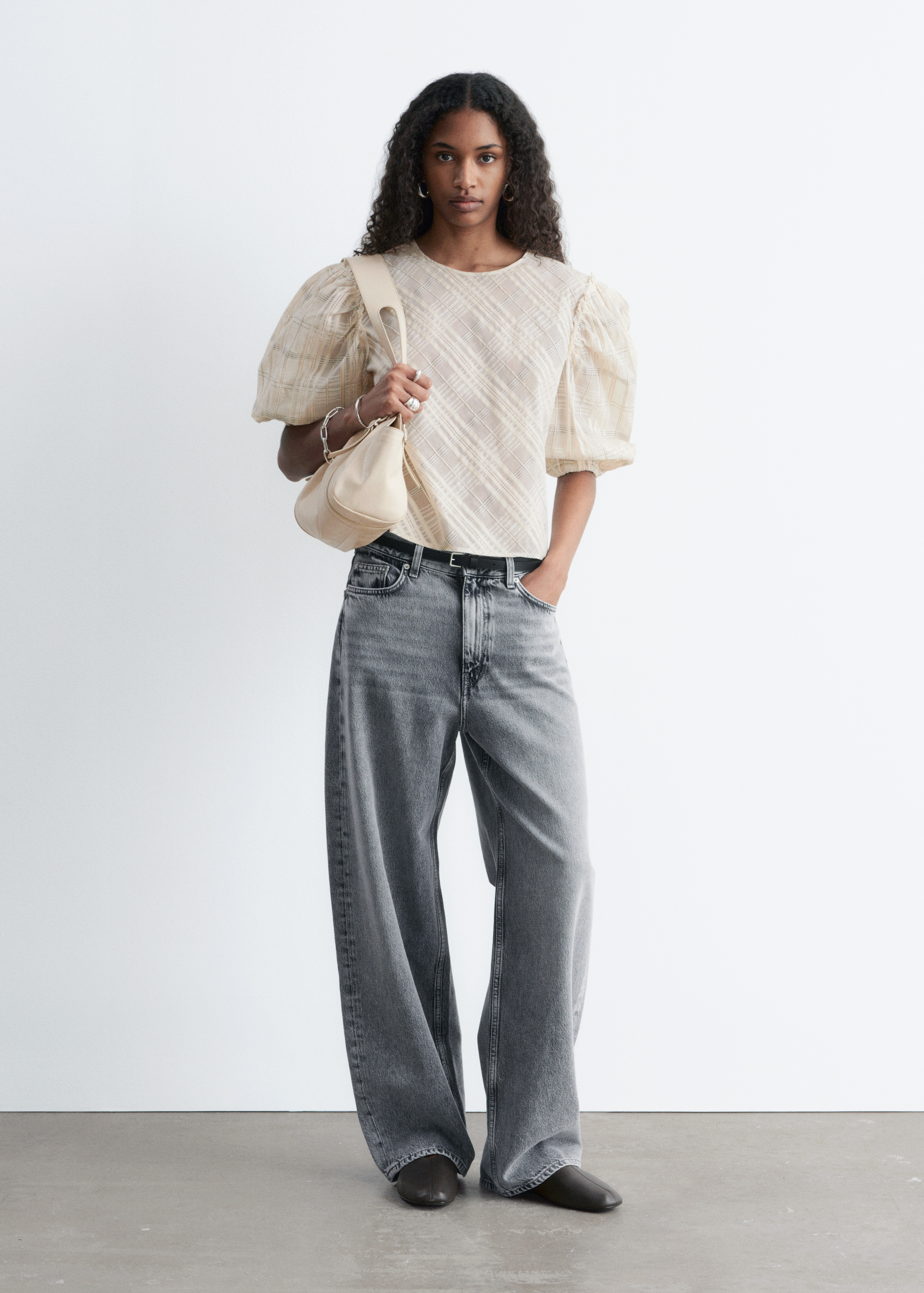 Jacquard-bluse med ballonærmer - Beige/skotskternet/Yellow