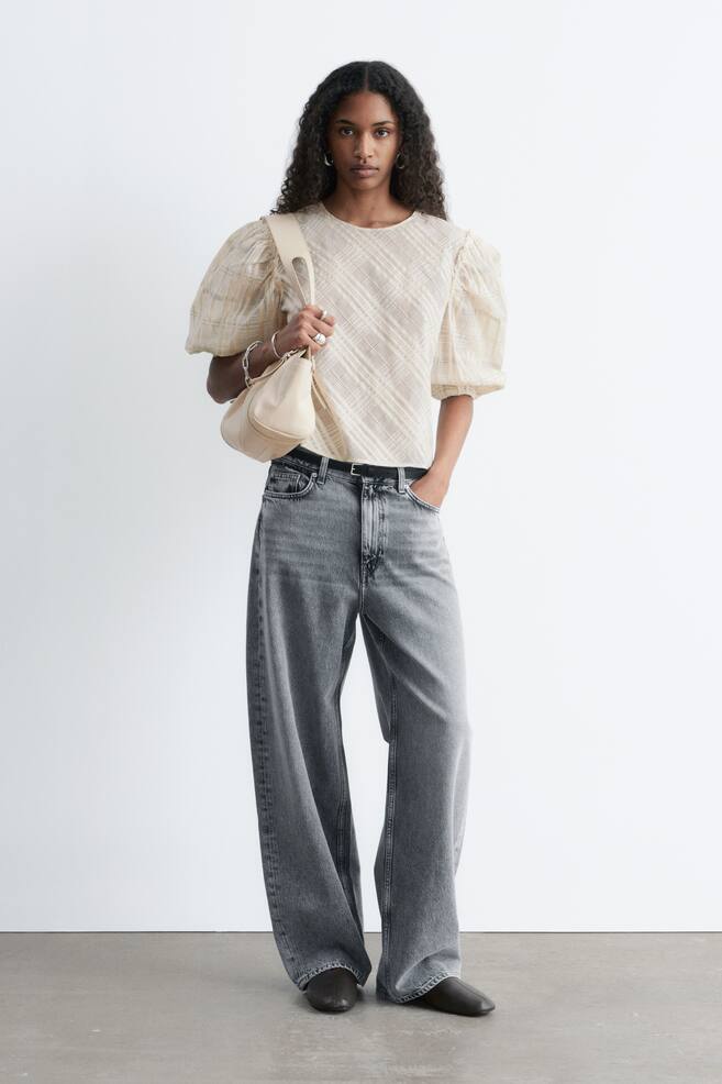 Blouse à motif jacquard et manches bouffantes - Beige/Écossais/Jaune - 1