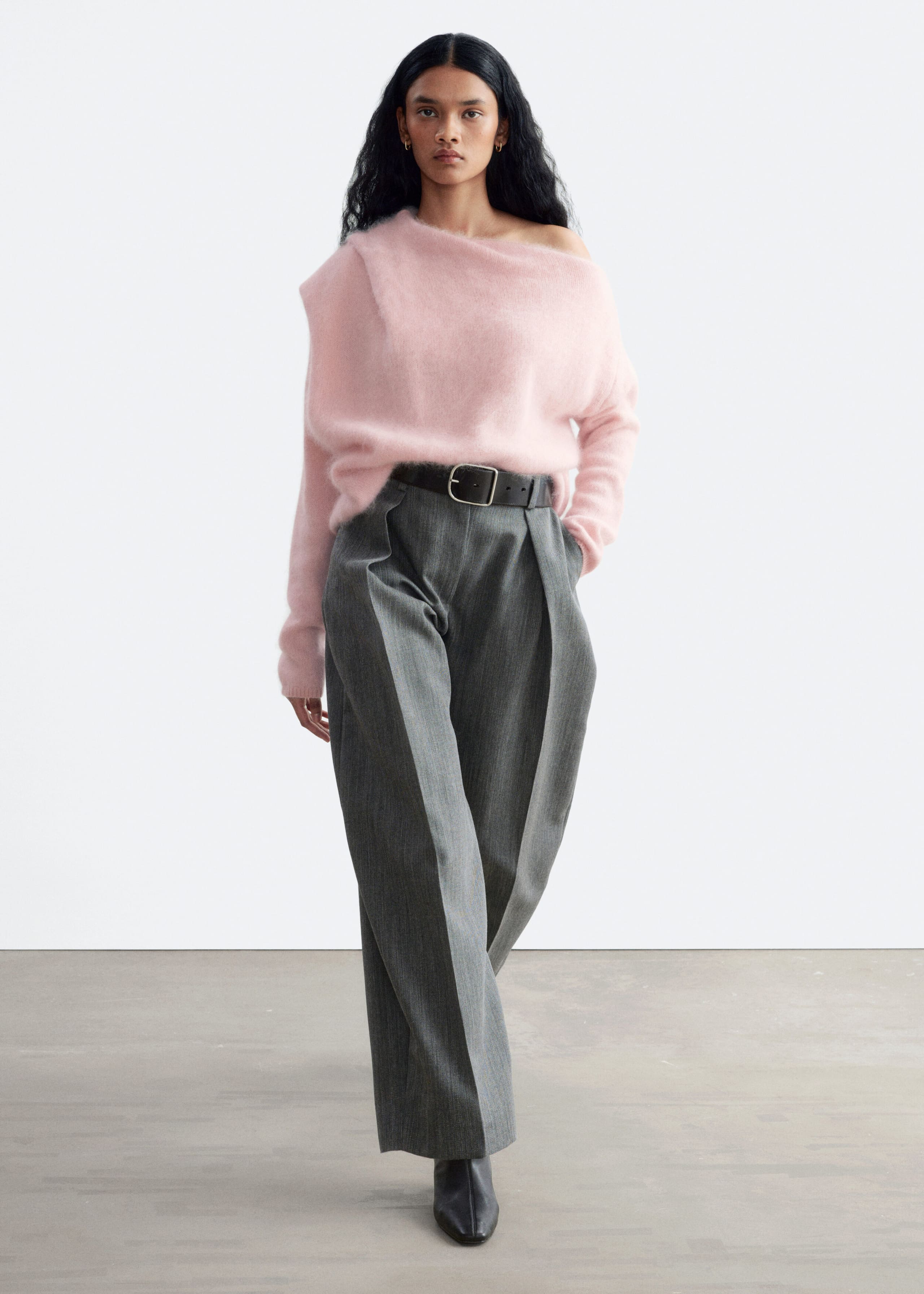 Draped-Neck Merino Wool Jumper - Pink - Lookbook