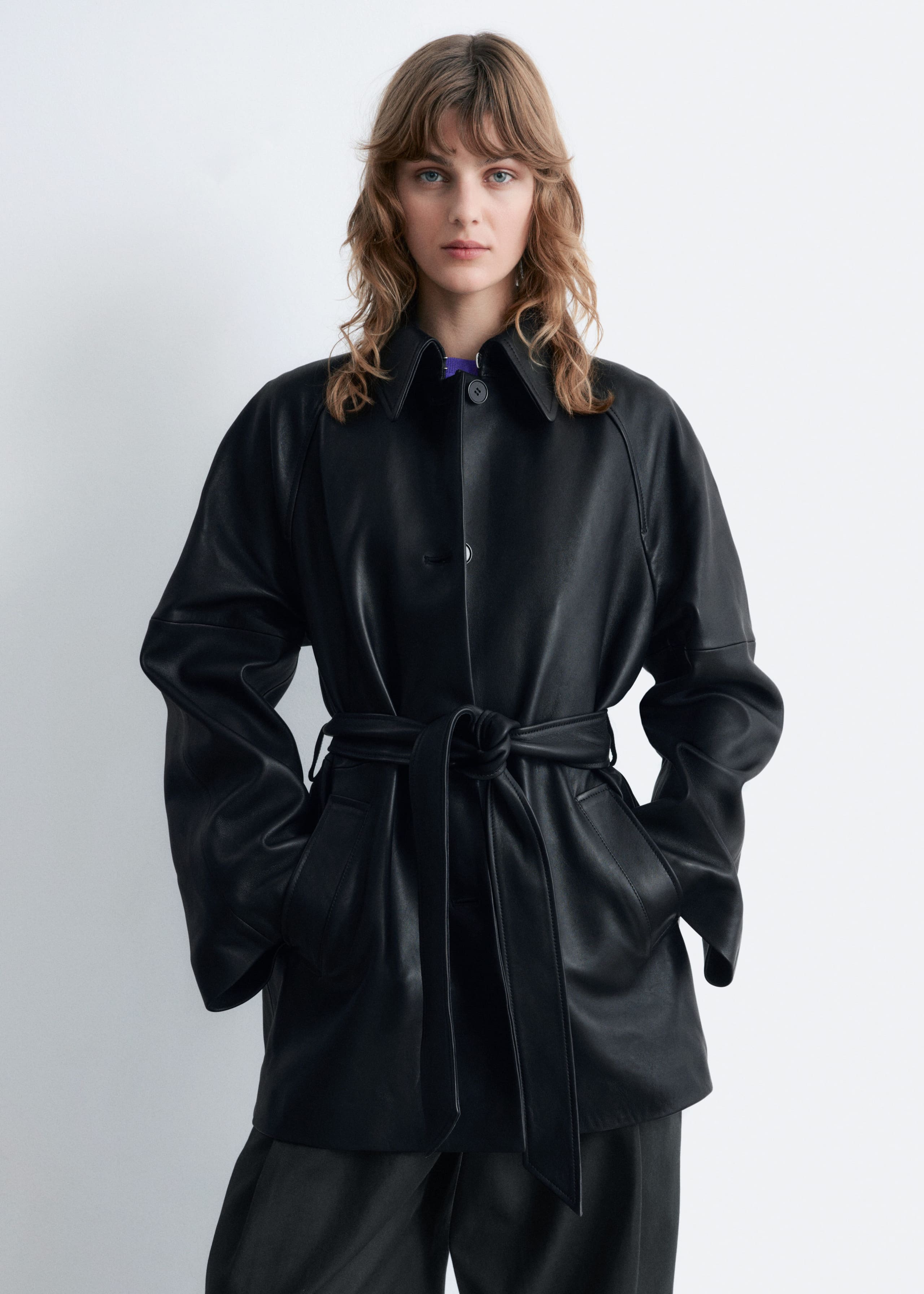 Image of Tie-Belt Leather Coat