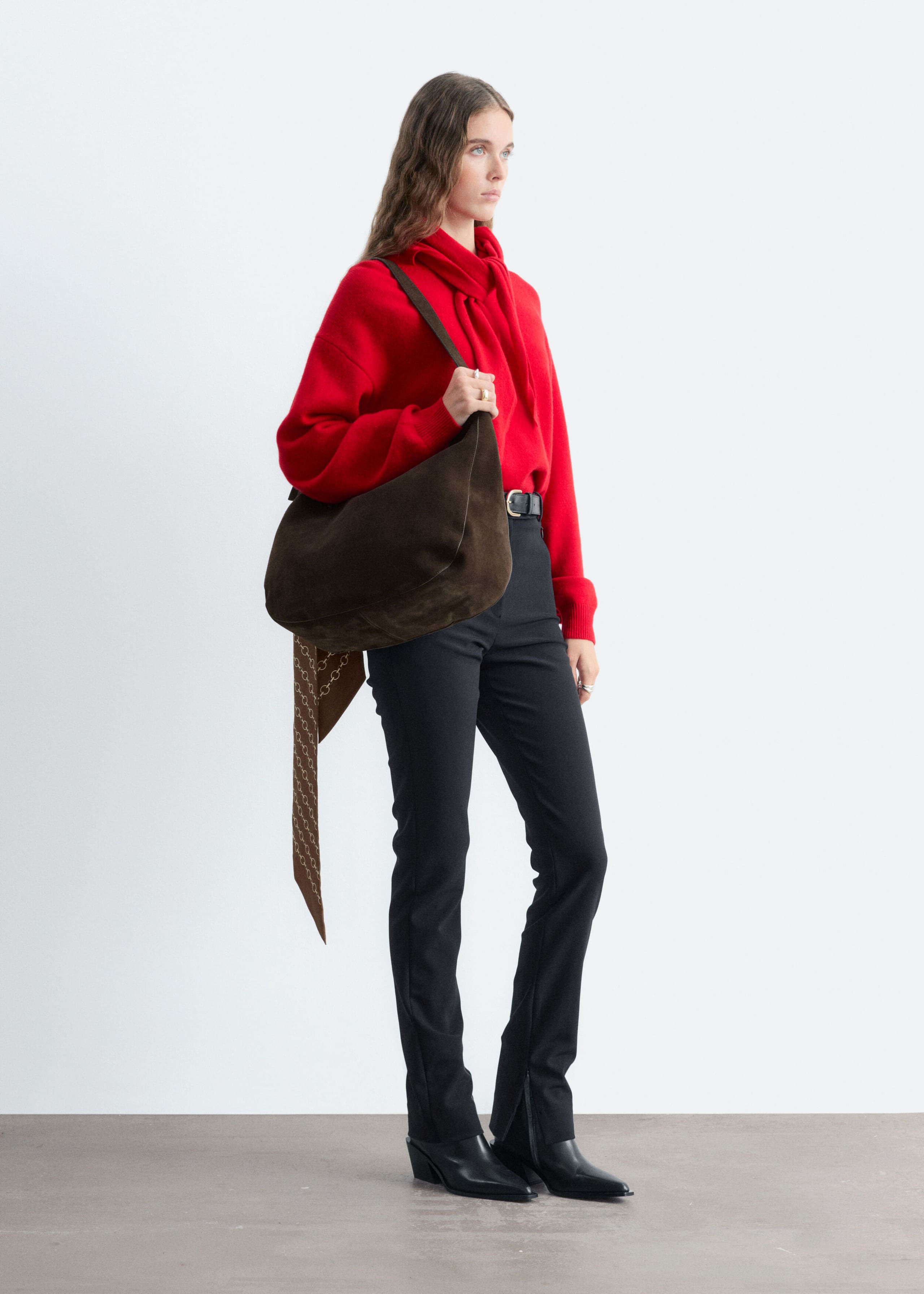 Sweter z wełny merynosów z szalikiem – Szary – Lookbook
