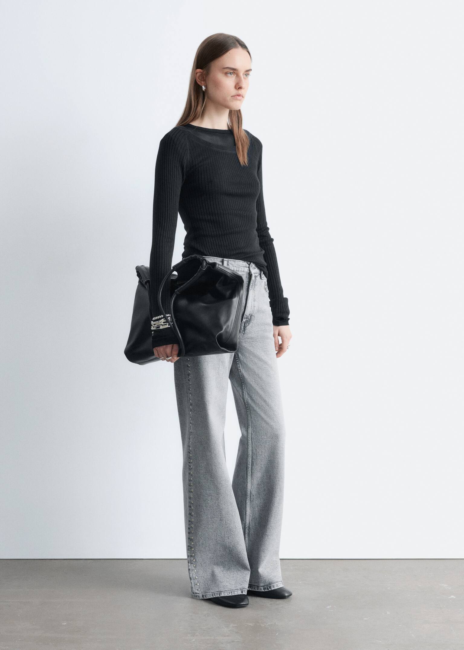 Studded Wide-Leg Jeans - Light Grey - 4