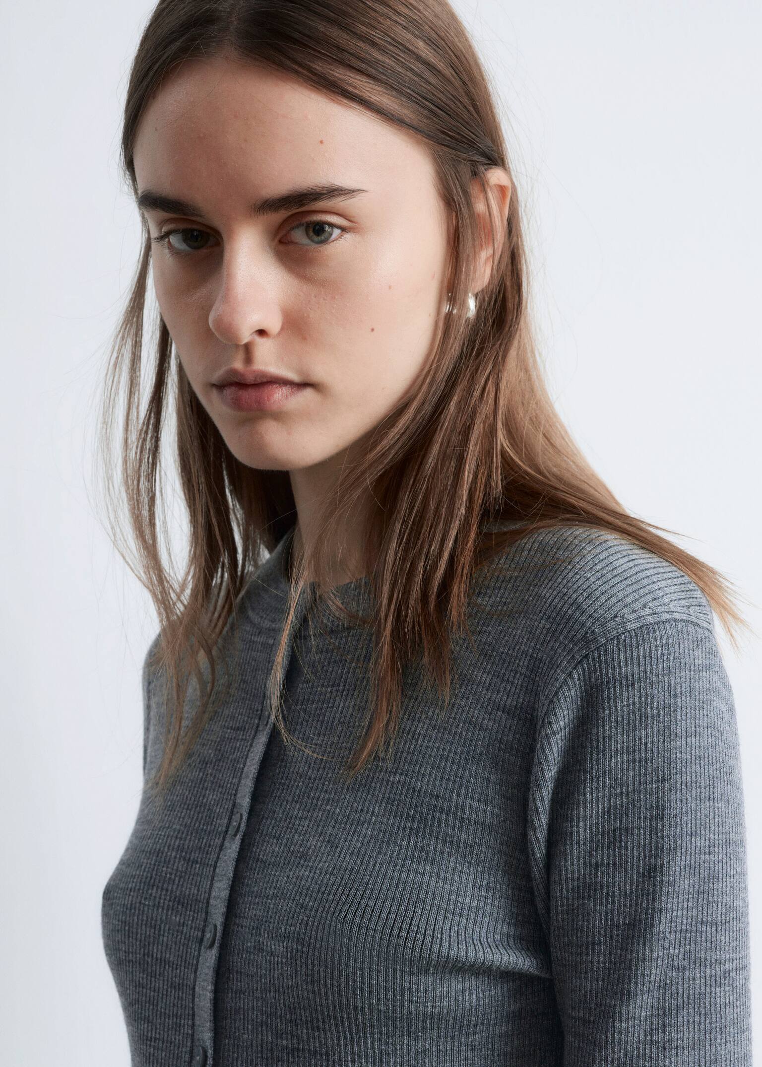 Rib-Knit Merino Wool Cardigan - Grey Melange - 6