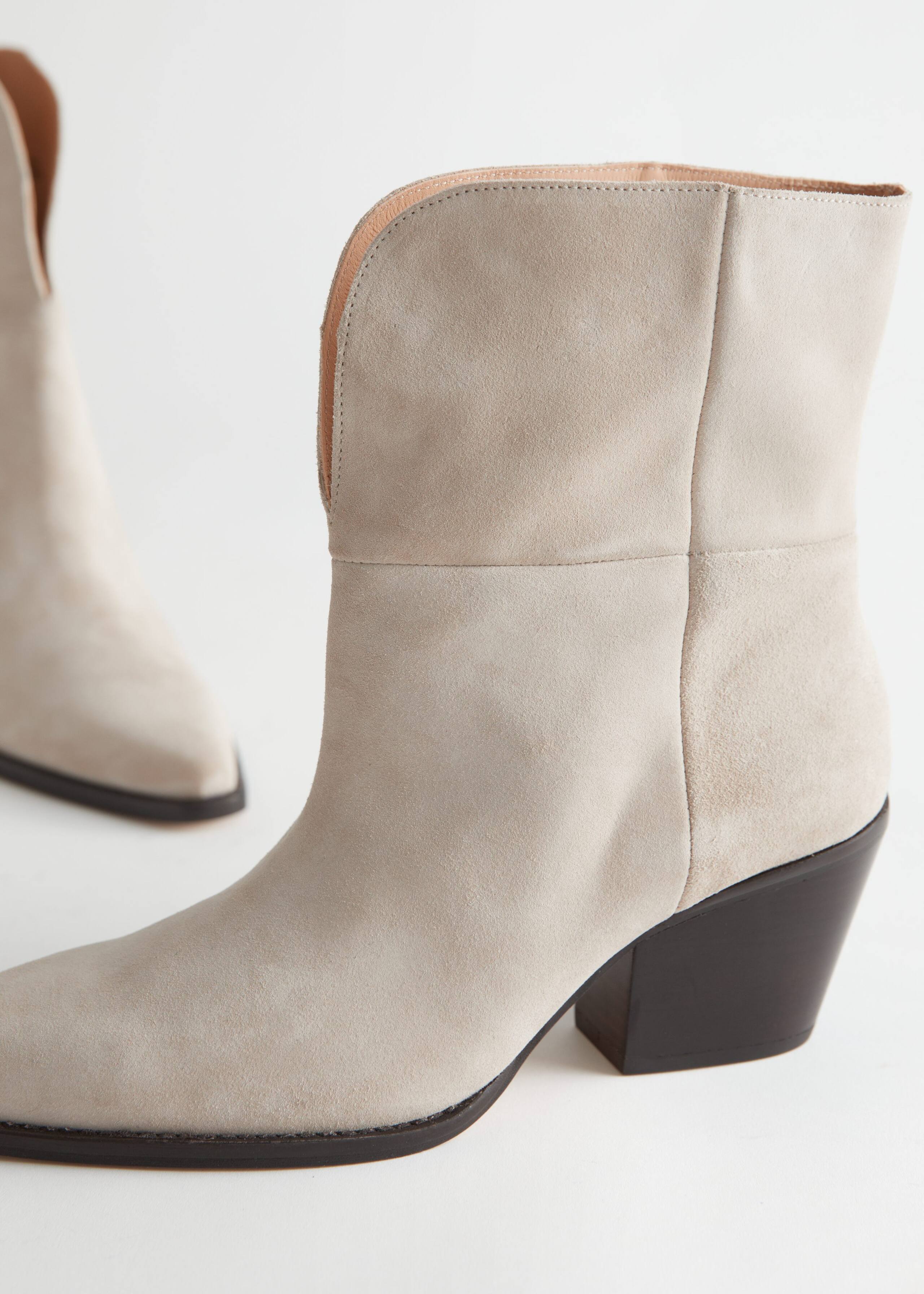 Pointed Suede Block Heel Boots - {{variantName}} - Descriptive Detail