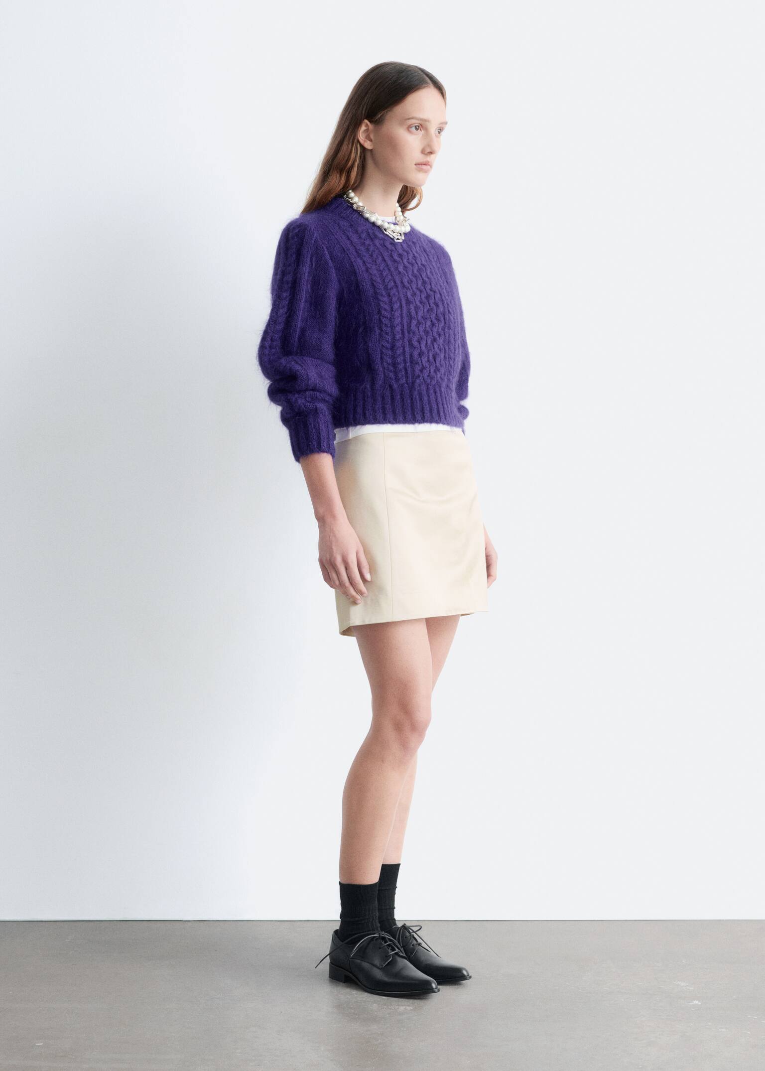 Cropped kabelgebreide trui - Donkerpaars/Wit - 4