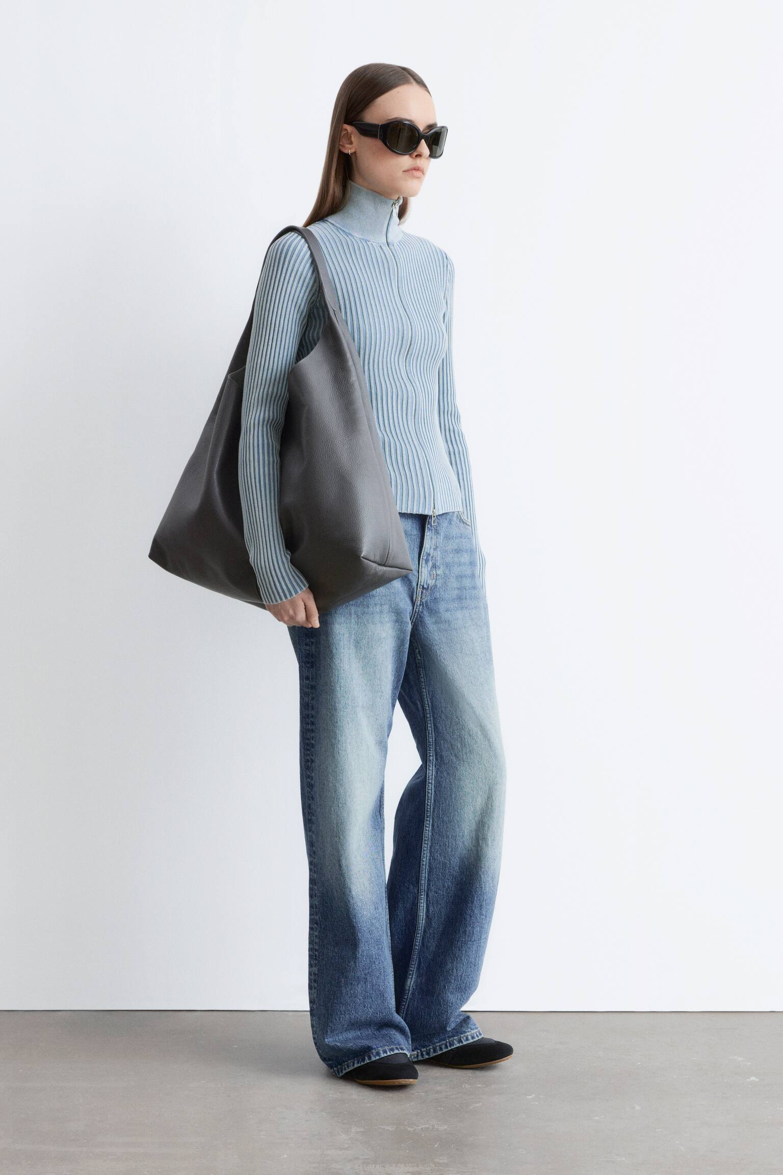 Rozpinany kardigan z golfem - Przydymiony niebieski - 6