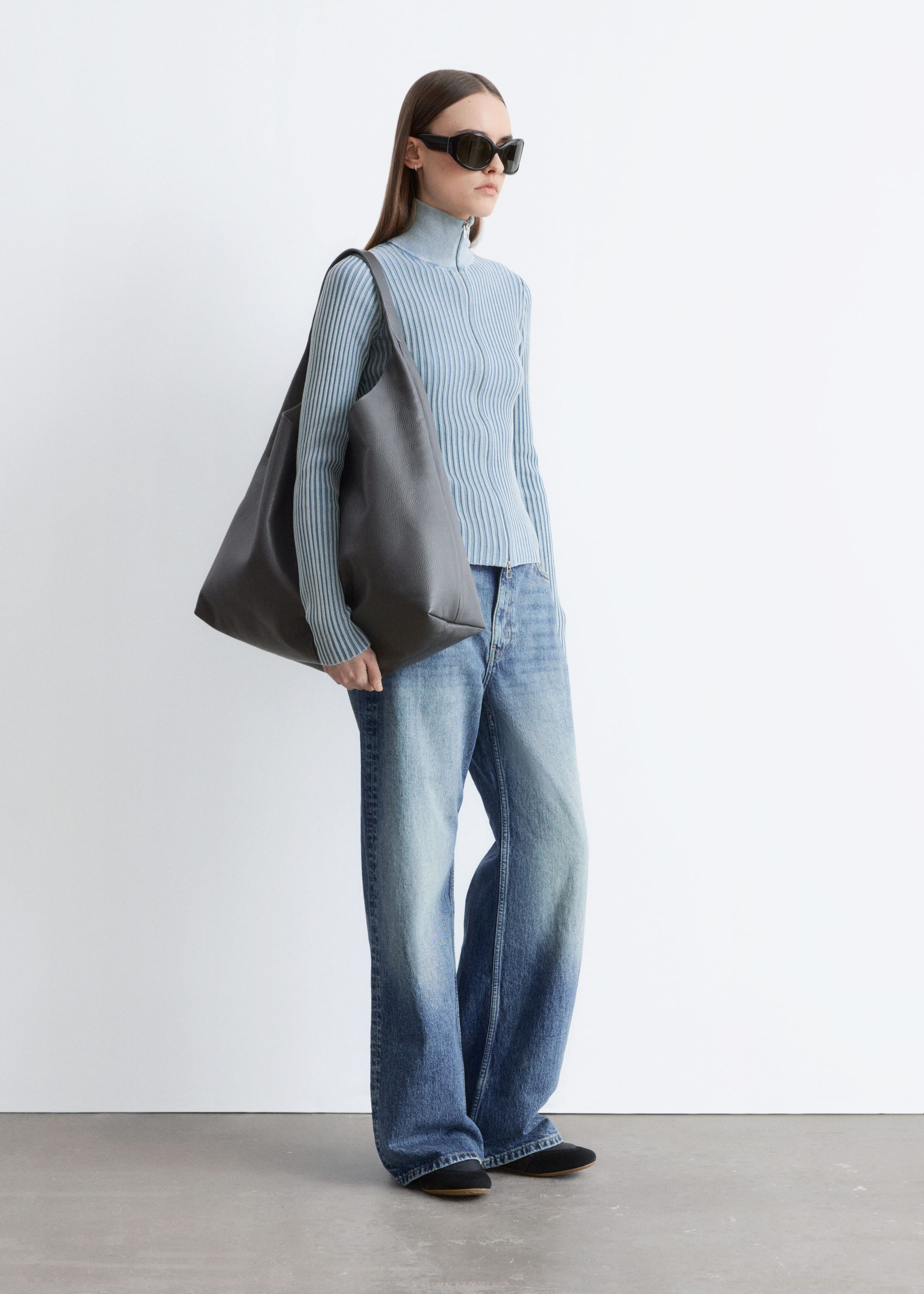 Zip-Up Turtleneck Cardigan - Dusty Blue - Lookbook