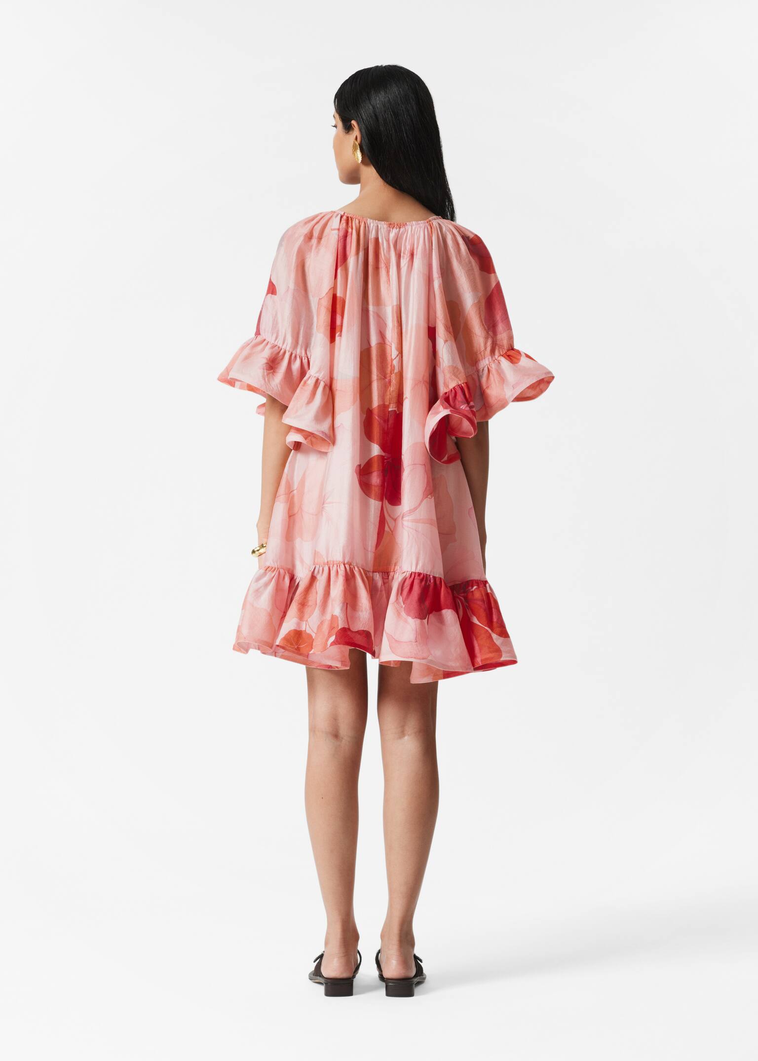 Ruffle Mini Dress - Pink/Red Floral/Dark Red - 3