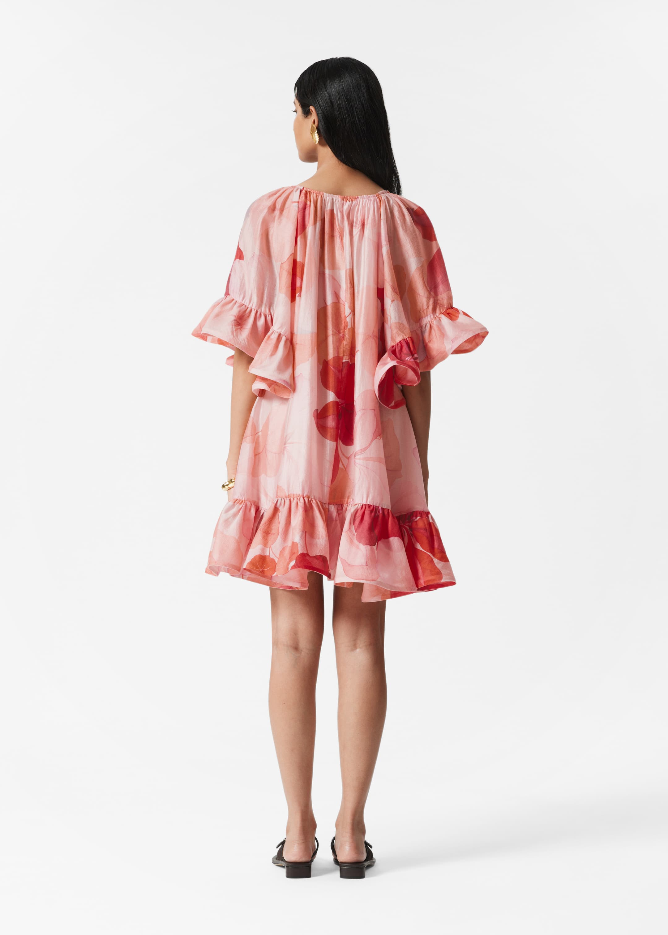 Zobacz większy obraz: Sukienka mini z falbankami - Różowy/Czerwone kwiaty - ONA | H&M PL 4