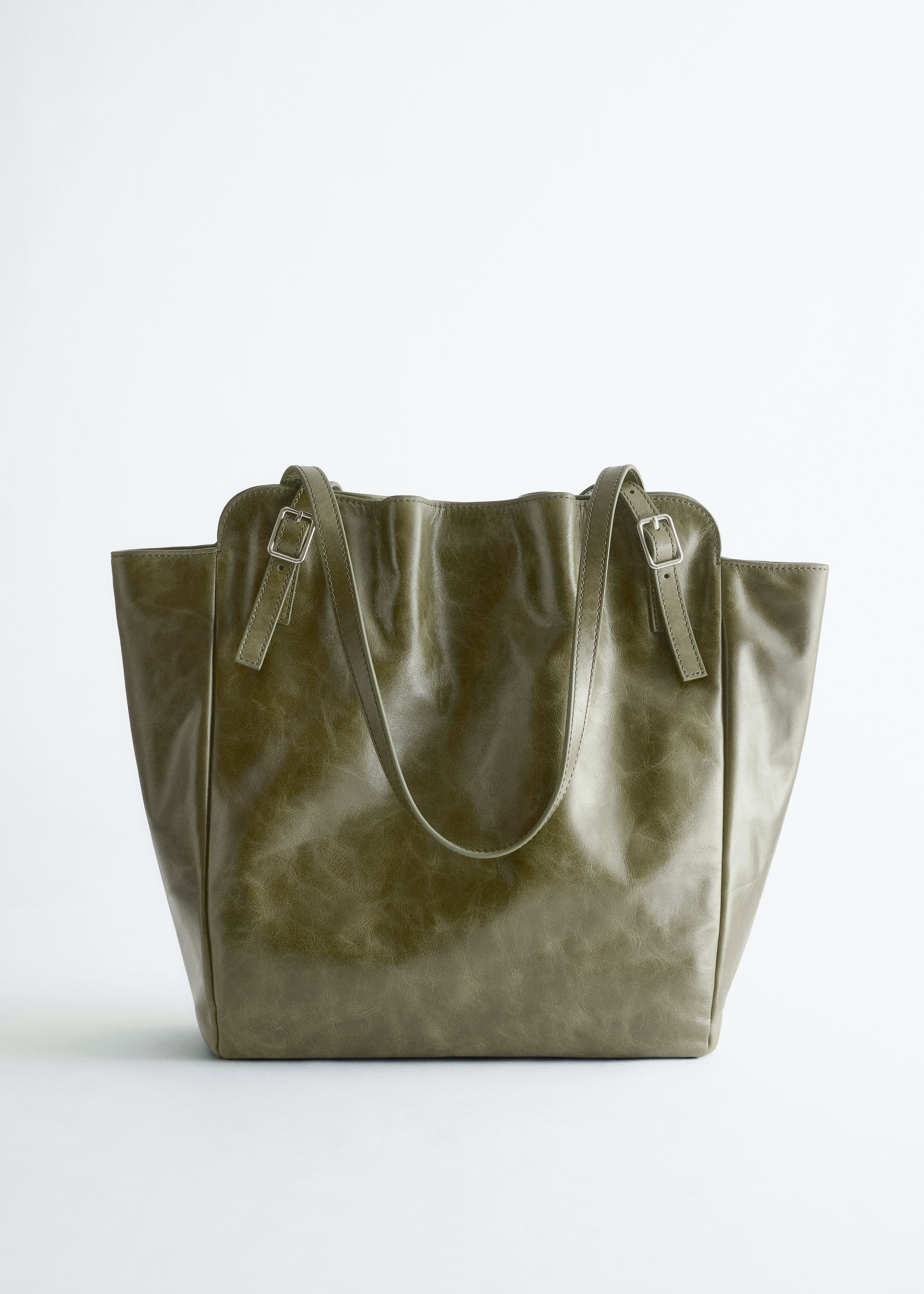 Leren draagtas met gespband - Khaki Green/Light Beige