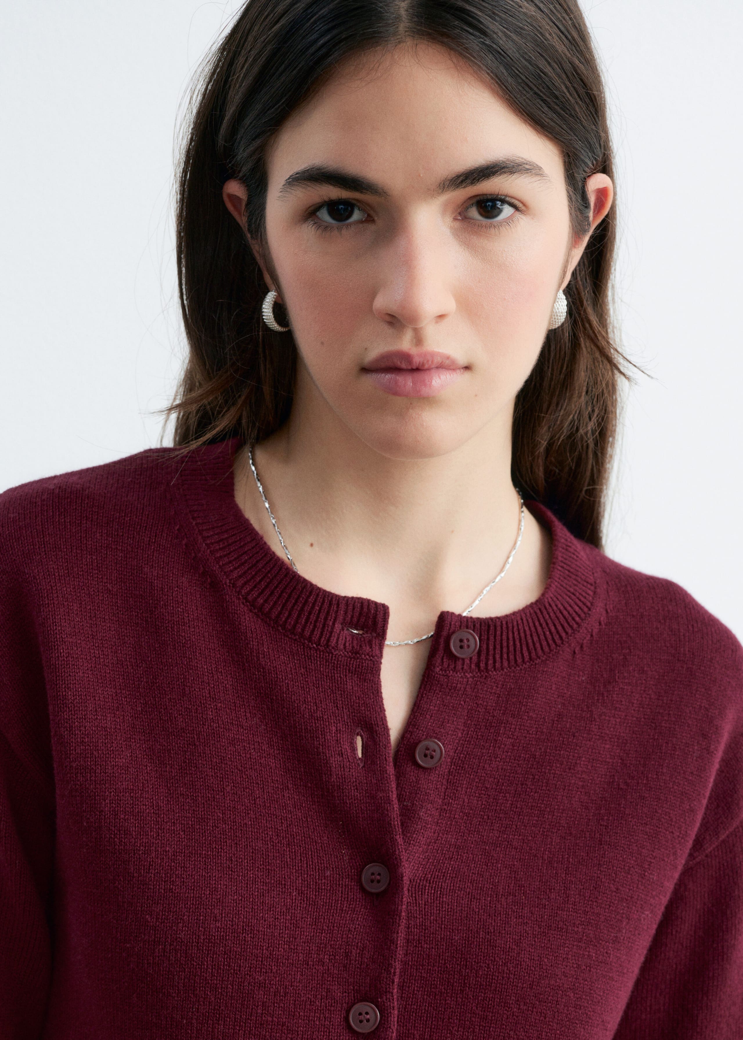 Thin-Knit Cardigan - Dark Red - Lookbook