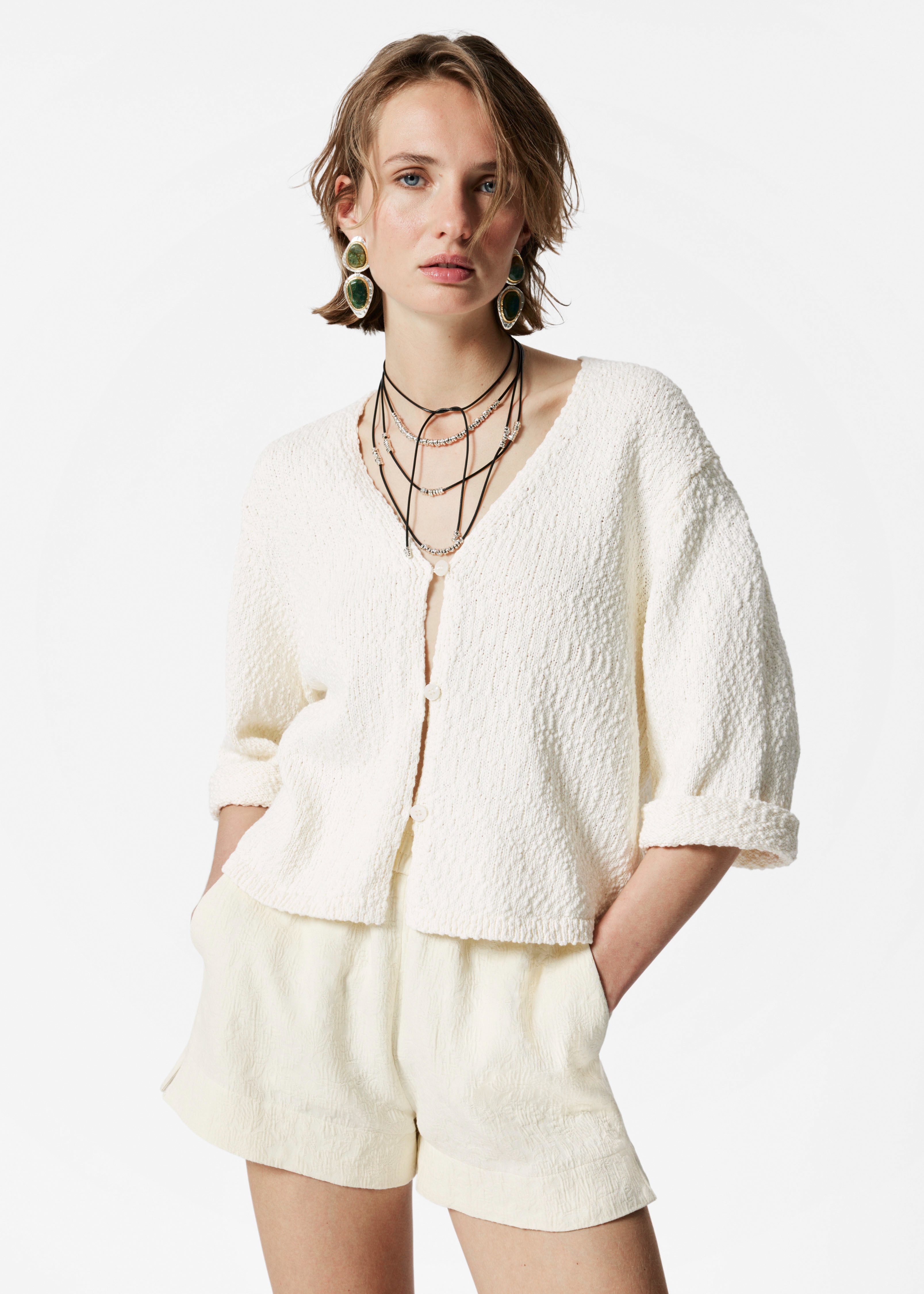 Pletený kardigan s krátkým rukávem - Bílá