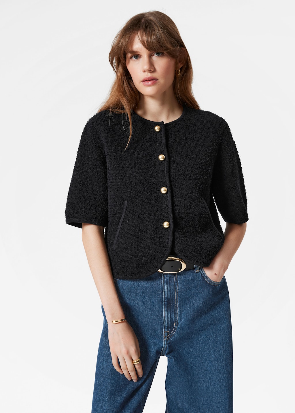 Textured Short-Sleeve Cardigan - Black - Lookbook