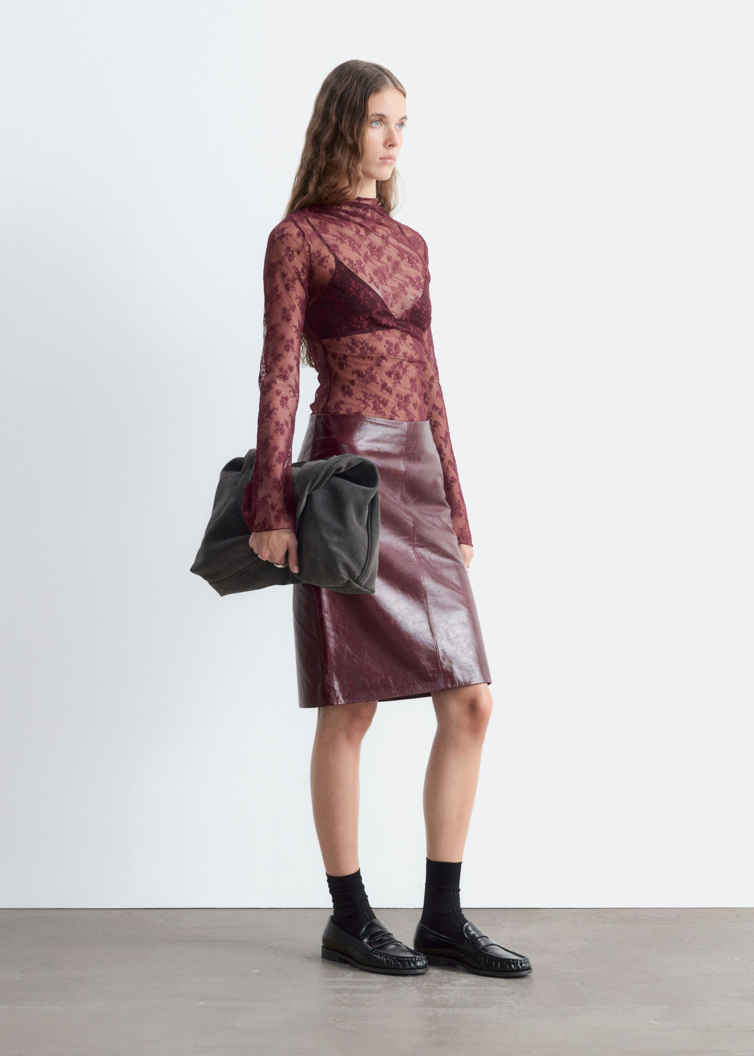 Mock-Neck Lace Top - Dark Red - Lookbook