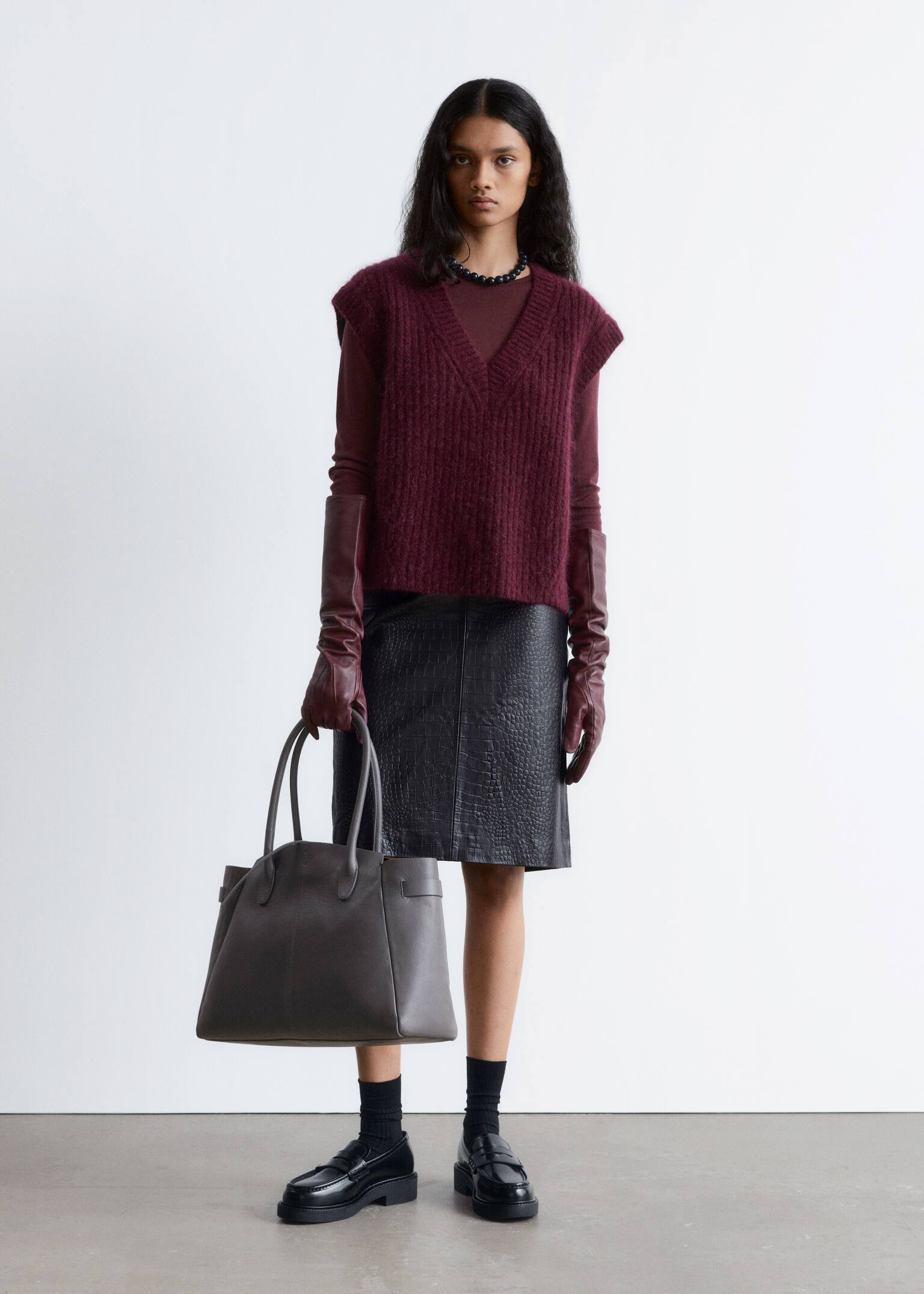 Knitted Mohair-Blend V-Neck Vest - Burgundy/Mustard Yellow - 5