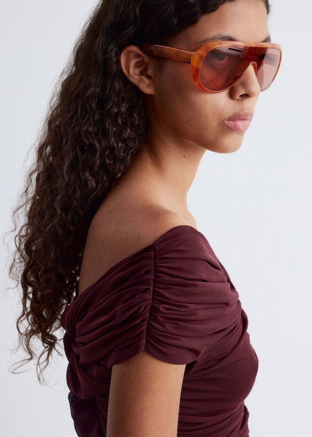 Image of Ruched V-neck Mesh Top