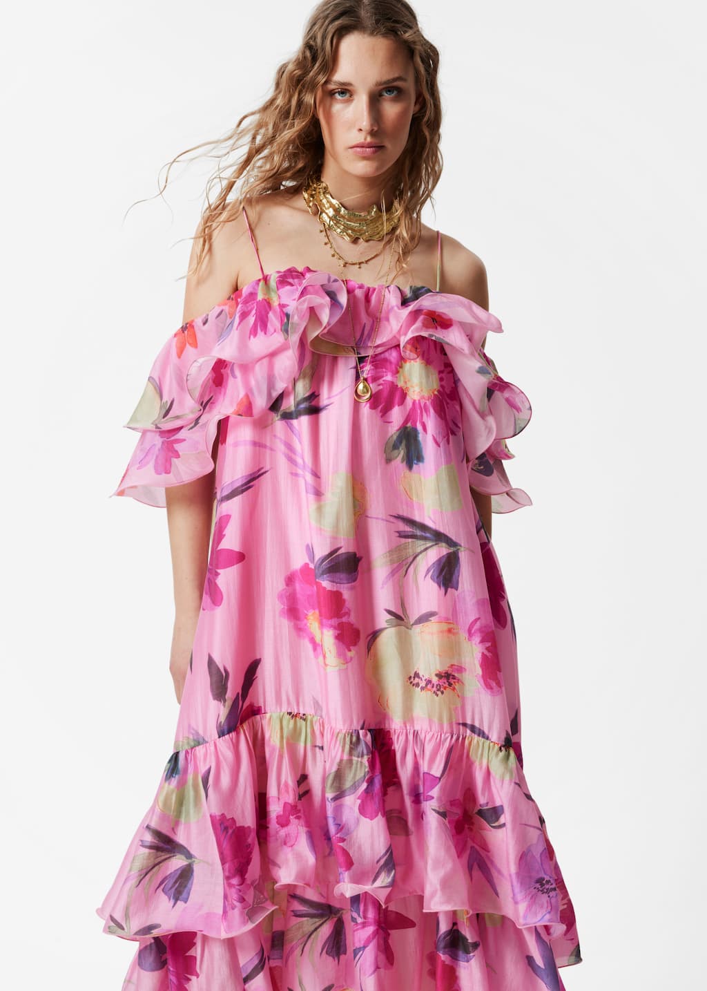 Off-Shoulder Ruffle Maxi Dress - Pink Floral - Lookbook