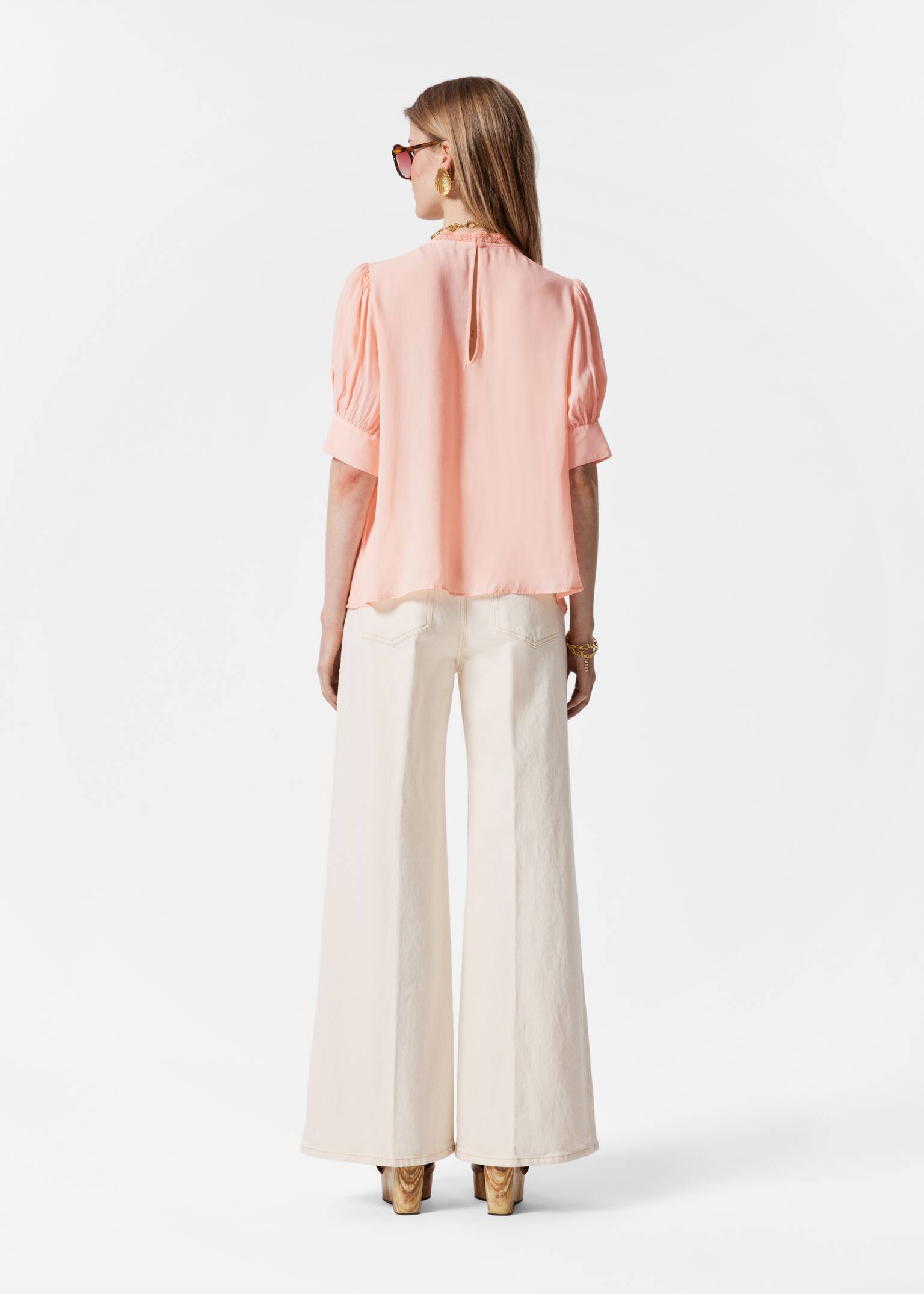 Blusa in pizzo ricamata - Pesca/Nero/Stampa floreale/Nero - 5