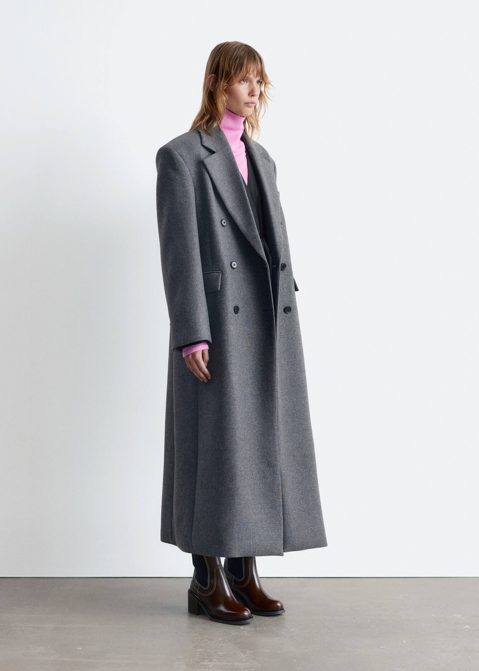 Long Wool Coat - Meleerattu harmaa/Musta - 5