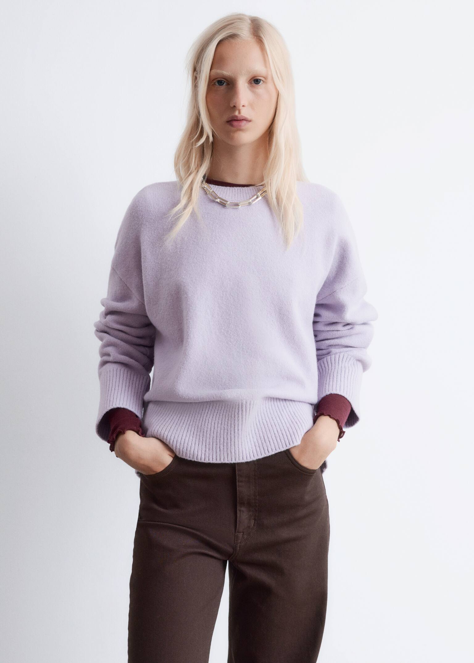 Locker geschnittener Strickpullover - Flieder/Dunkelrot/Dunkelblau/Schwarz/Dunkelbraun/Weiß/Grau meliert/Graubraun/Beige/Hellrosa/Cerise Pink/Taupe - 3