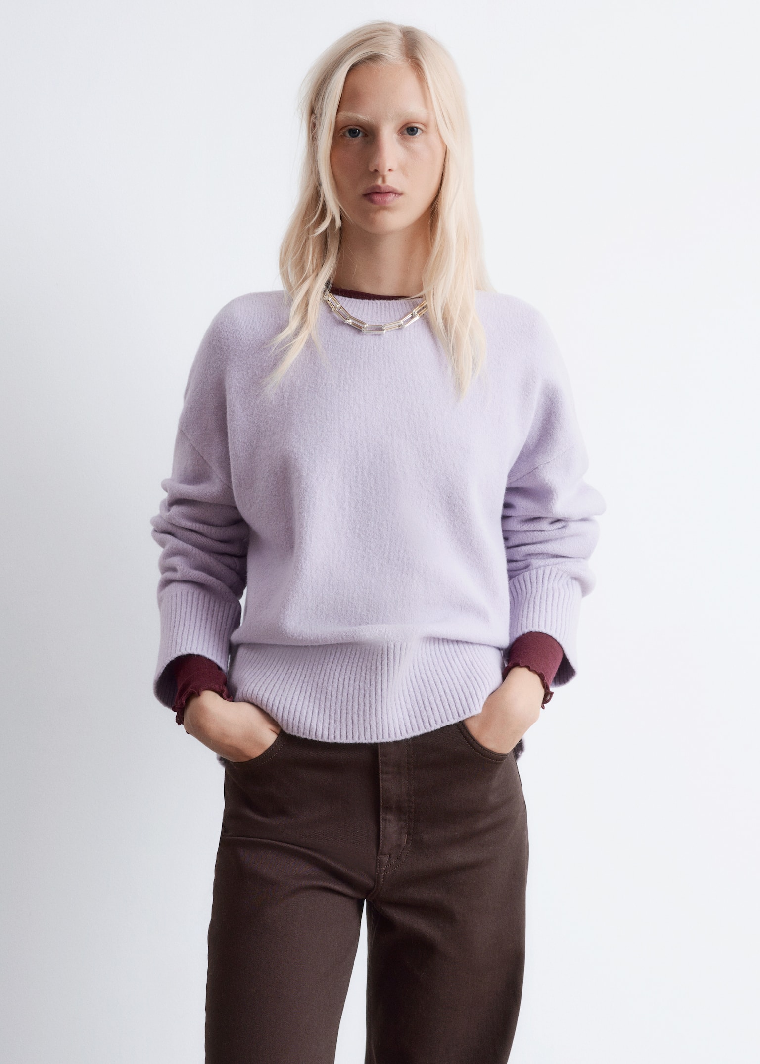 Locker geschnittener Strickpullover - Flieder/Graubraun/Beige/Dunkelblau/Grau meliert/Dunkelrot/Schwarz/Dunkelbraun/Weiß/Hellrosa/Taupe/Navyblau/Cerise Pink/Rot - 5