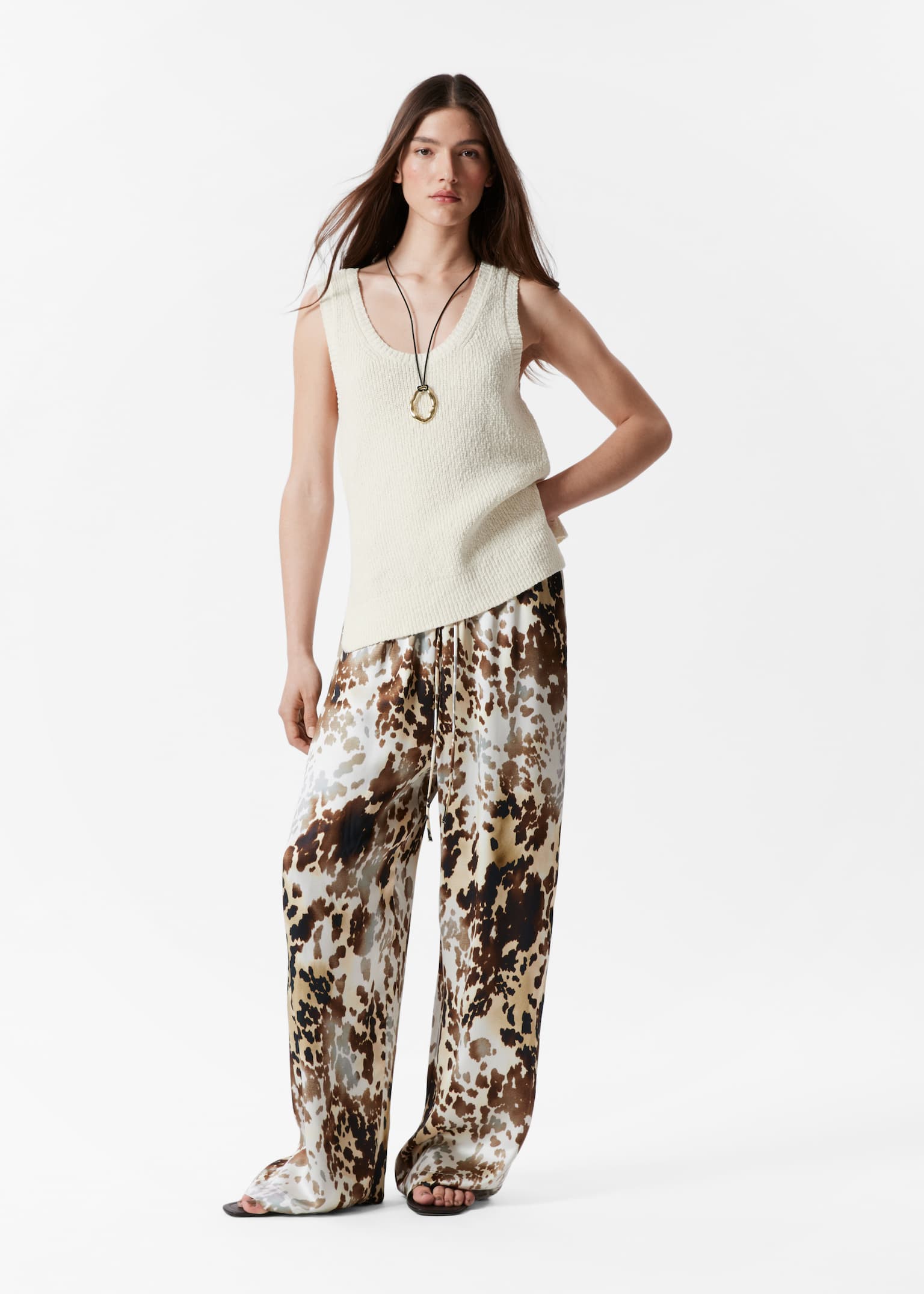 Pantaloni din satin cu șnur - Imprimeu maro/bej/Roșu închis/Khaki Verde/Maro închis/Bej