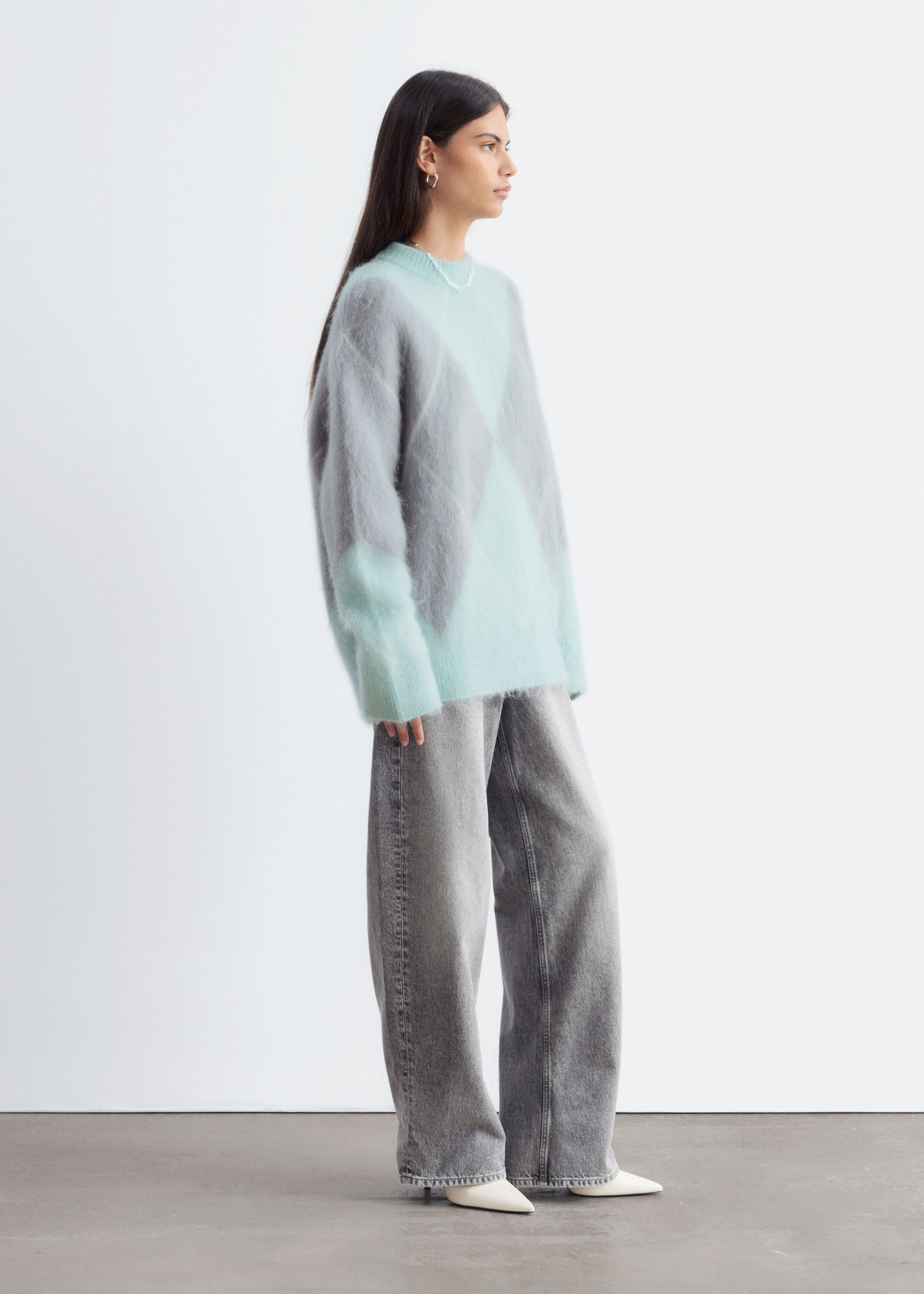 Pull en mohair mélangé à motif jacquard - Vert clair/Gris - Lookbook