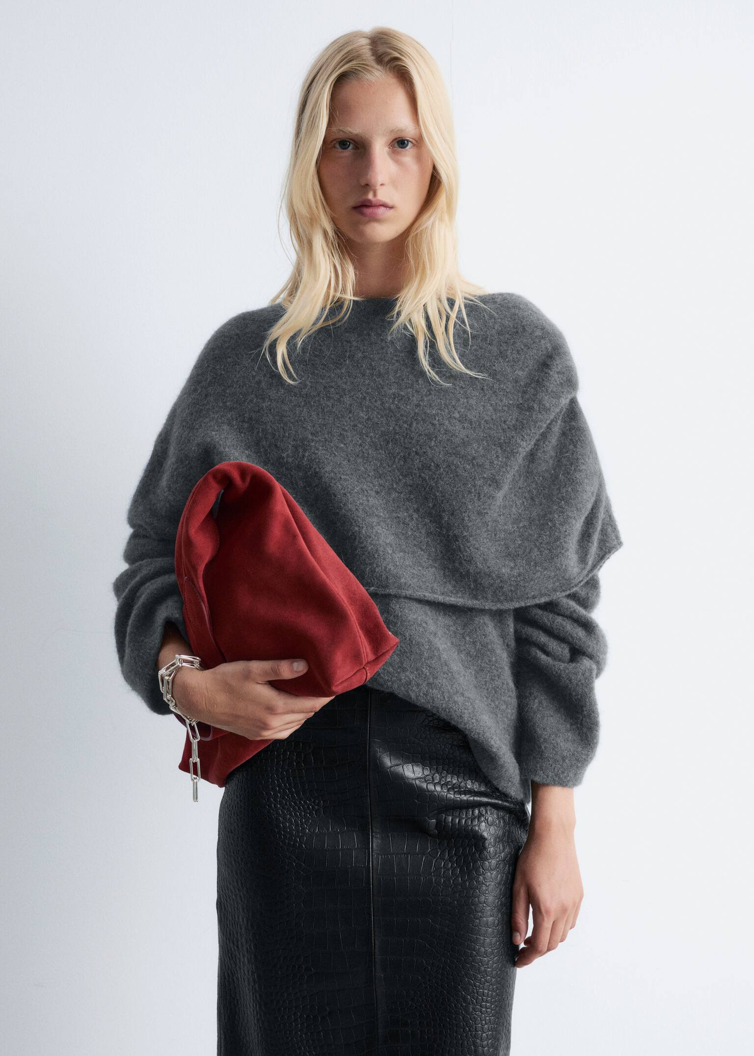 Pull cape en maille - Gris foncé/Brun rouille