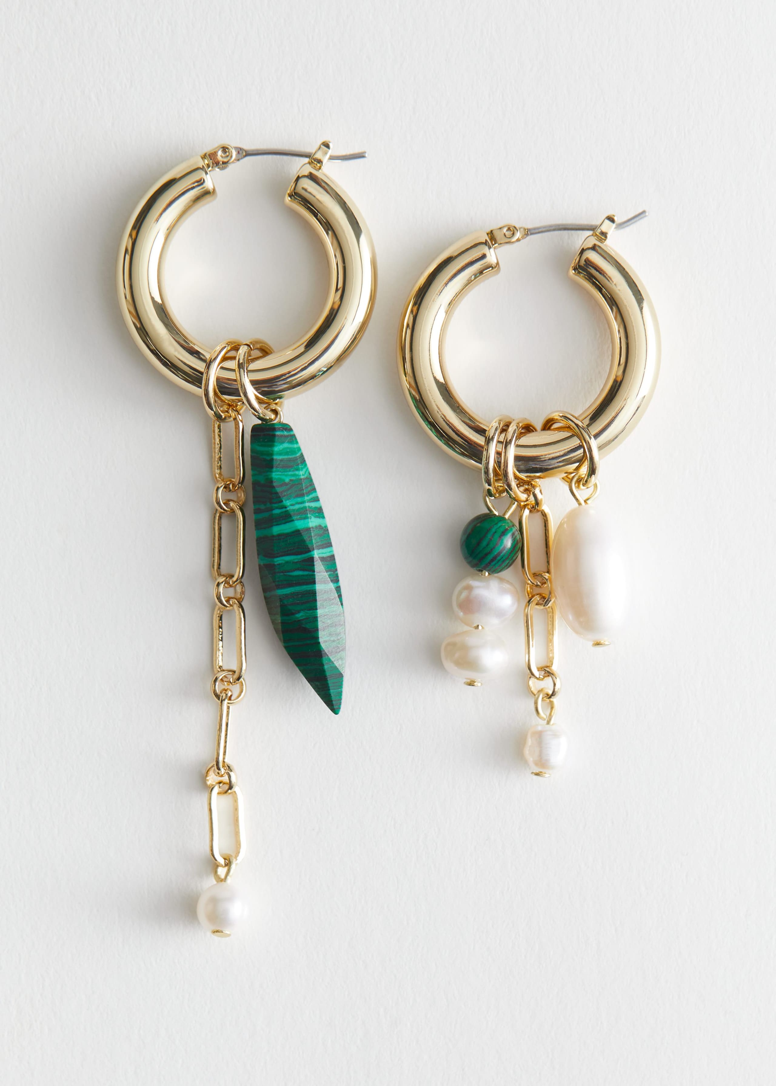 Stone Pendant Mini Hoop Earrings - Green - Still Life