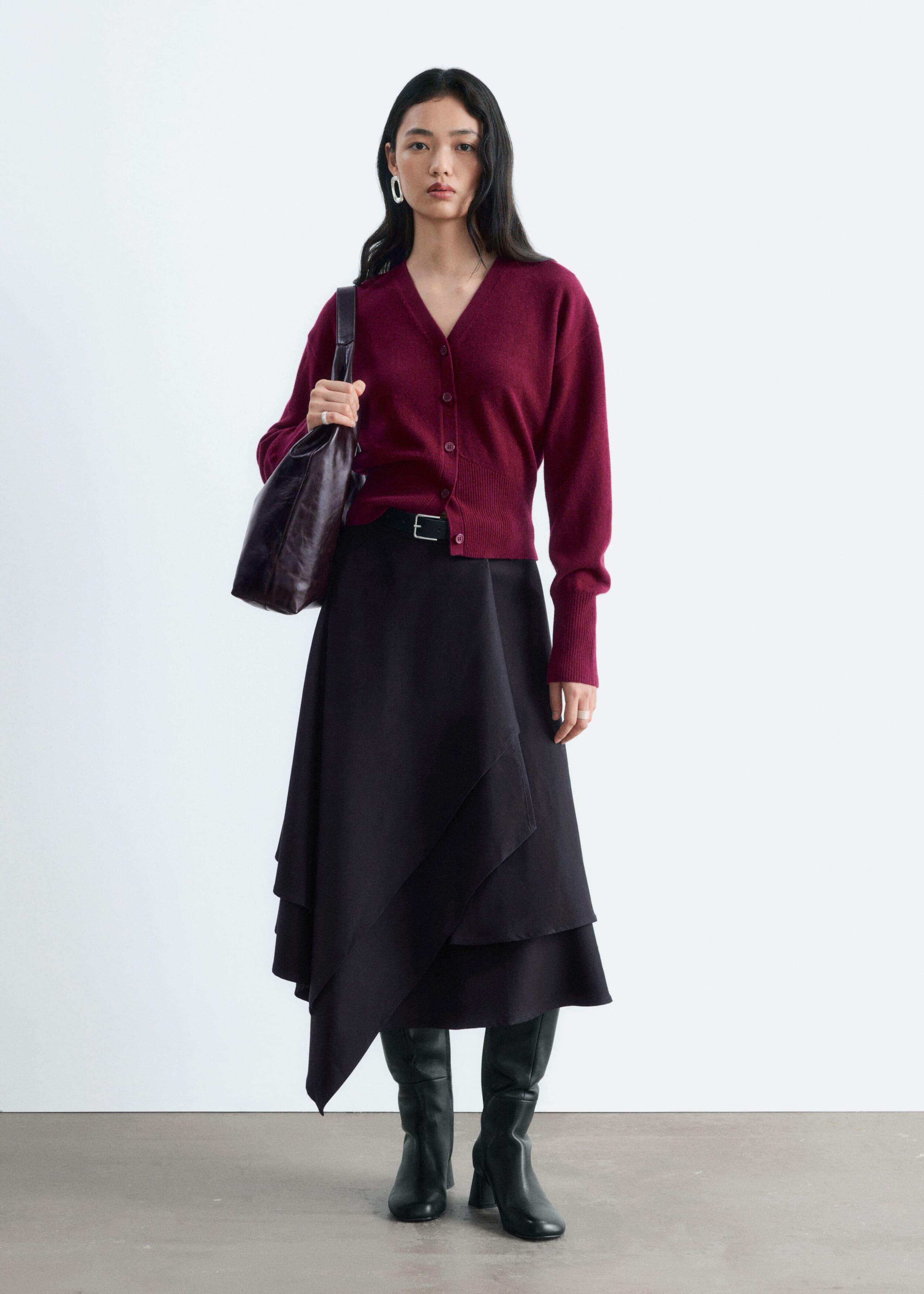 Wool Corset Rib Cardigan - Burgundy - Lookbook