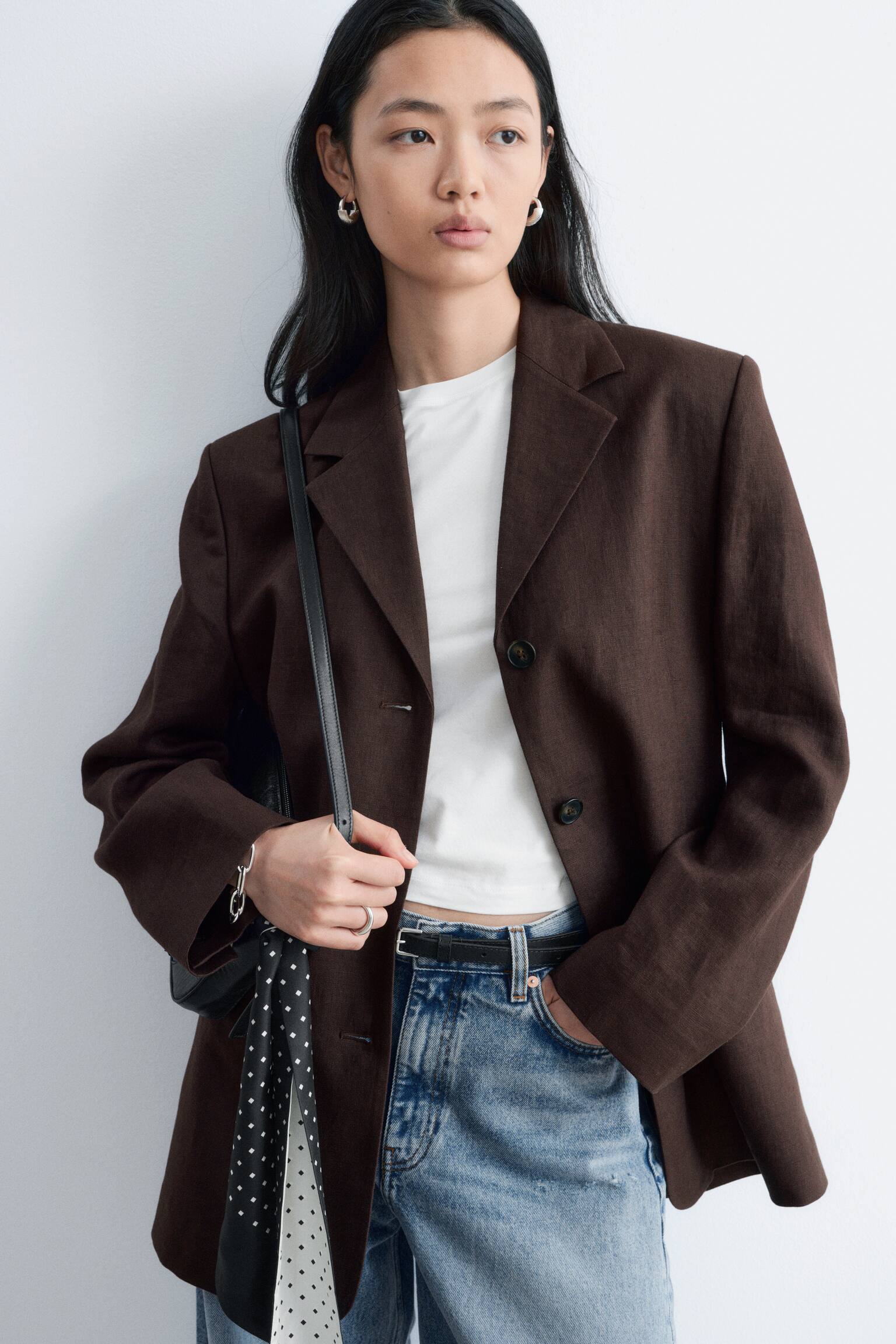 Figursyet blazer i hør - Brun/Beige - 8