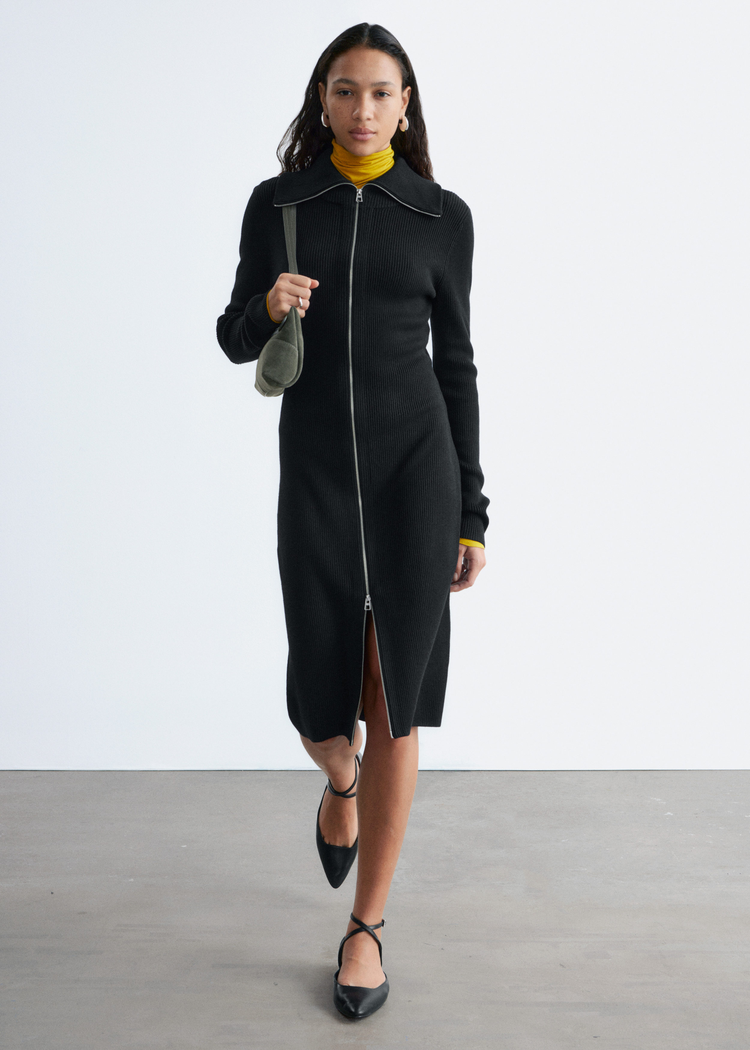 Ribbed Zip-Front Midi Dress - Black - & Other Stories US