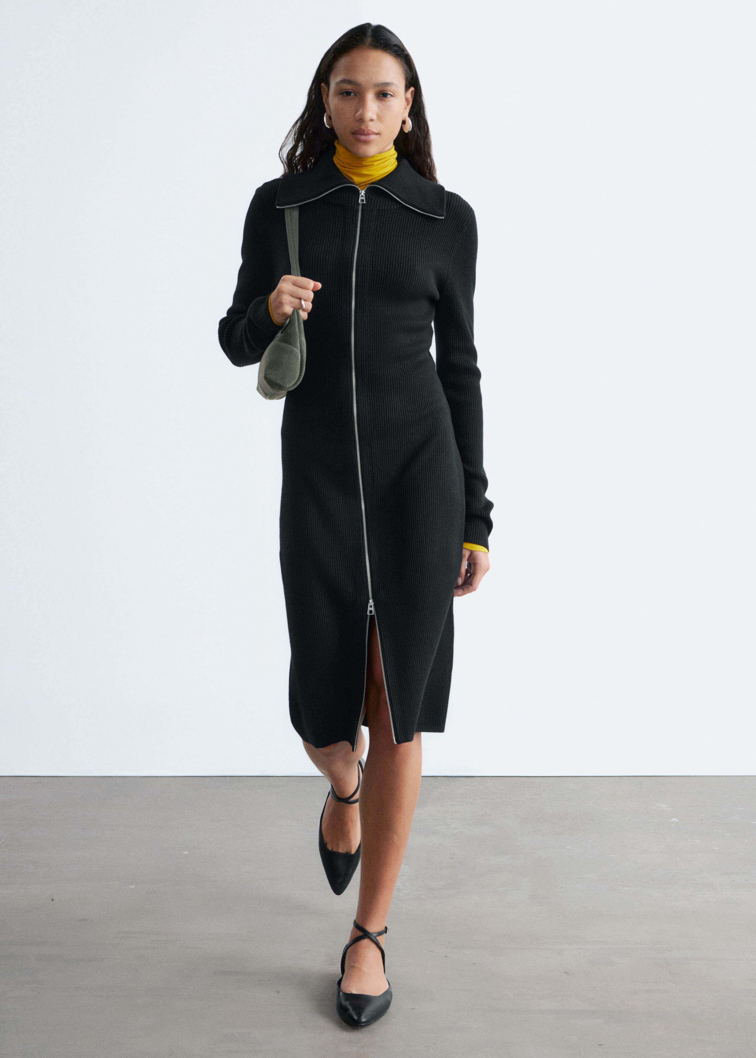 Image of Ribbed Zip-Front Midi Dress
