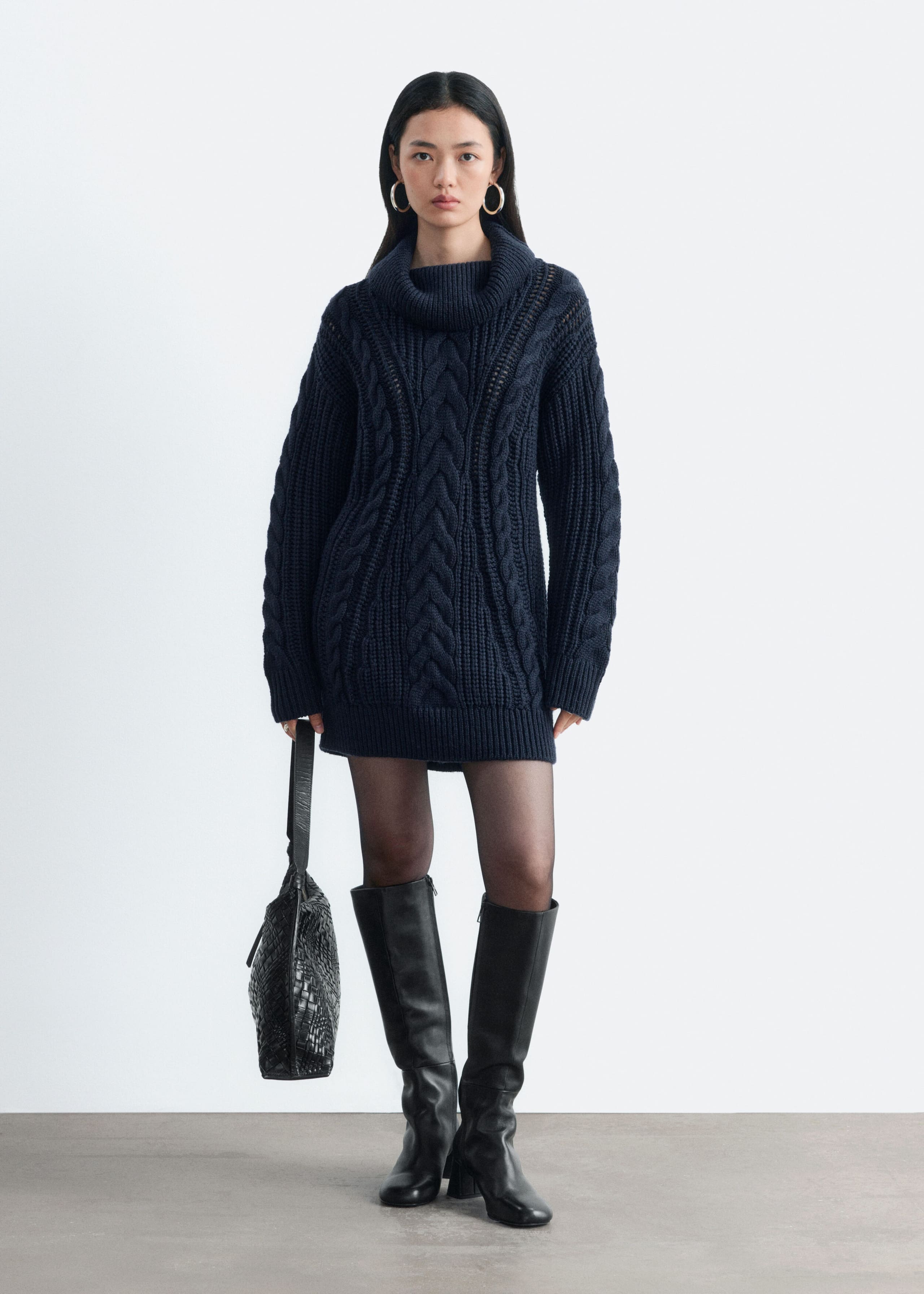Chunky Cable-Knitf Dress - Dark Blue - Lookbook