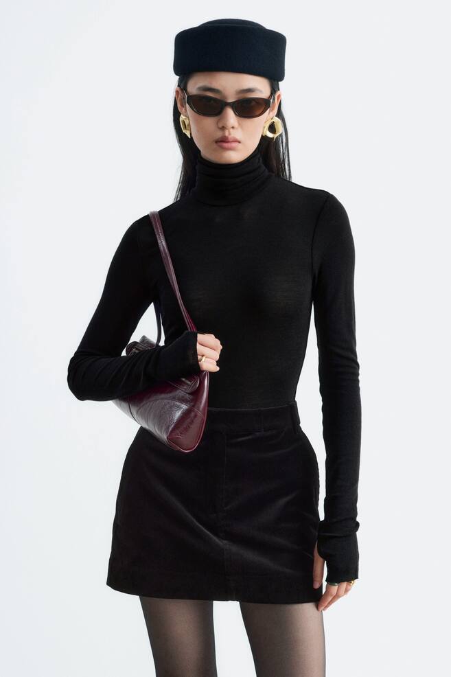 Wool Turtleneck Top - Black/Grey - 1