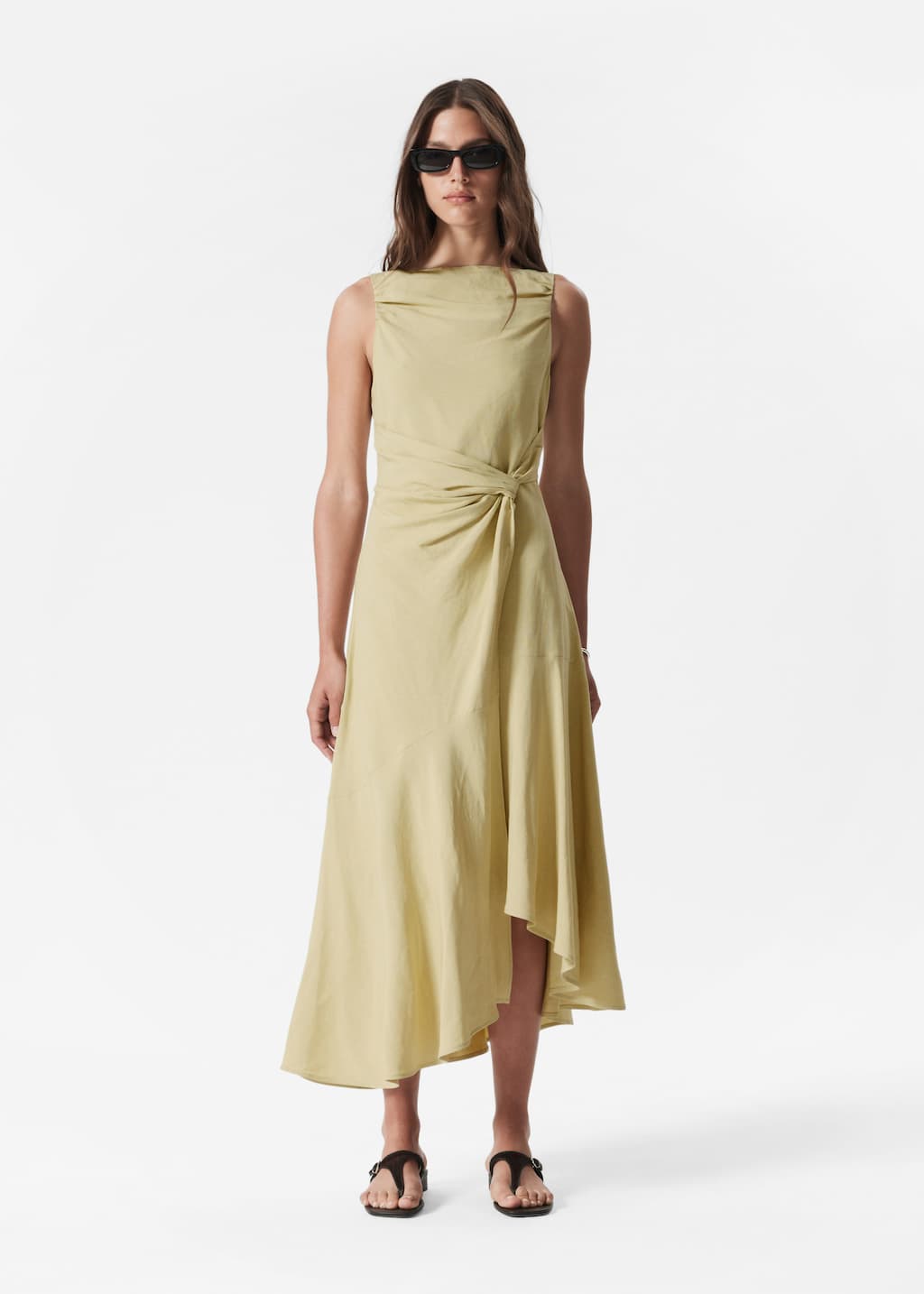 Asymmetric Wrap-Knot Midi Dress - Light Yellow - Lookbook