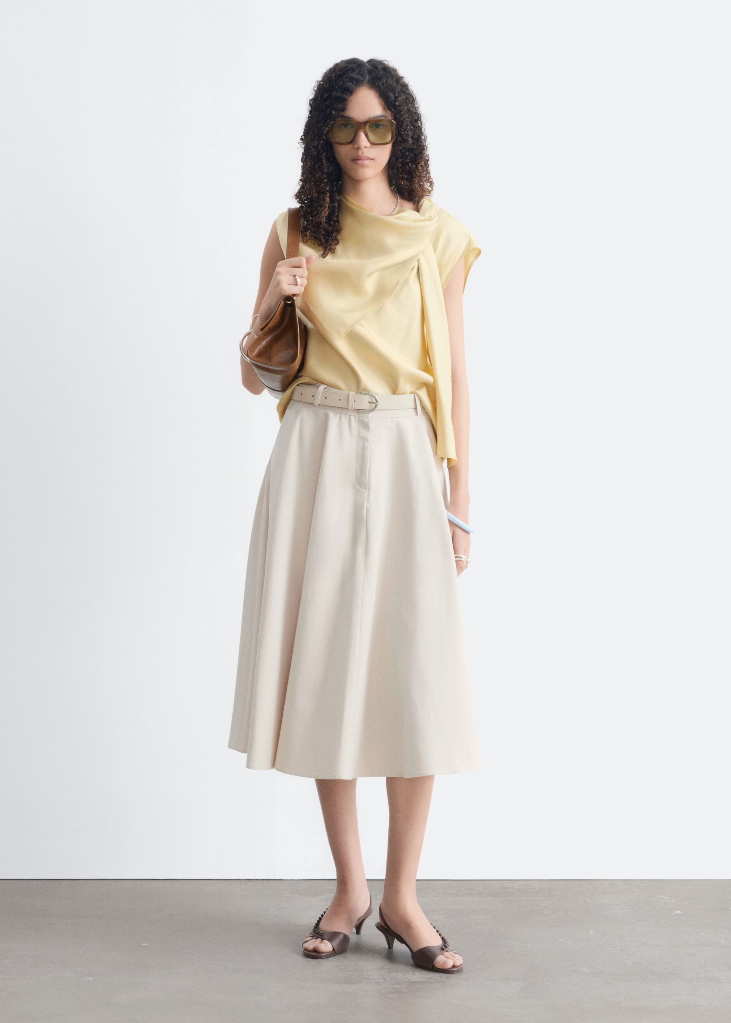 Silk Cowl Neck Scarf Top - Light Yellow - Lookbook