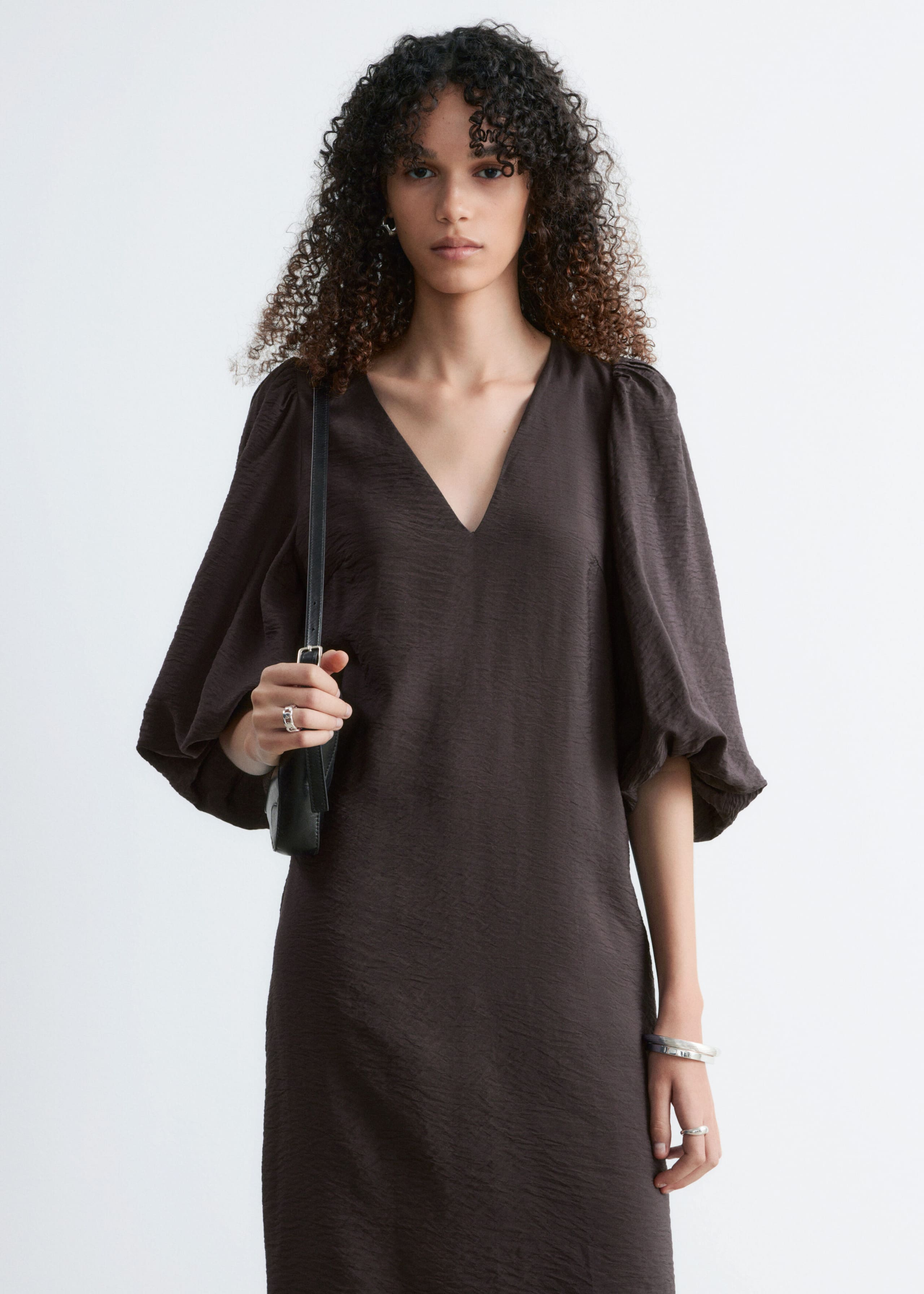 Image of Puff-Sleeve V-Neck Midi Dress