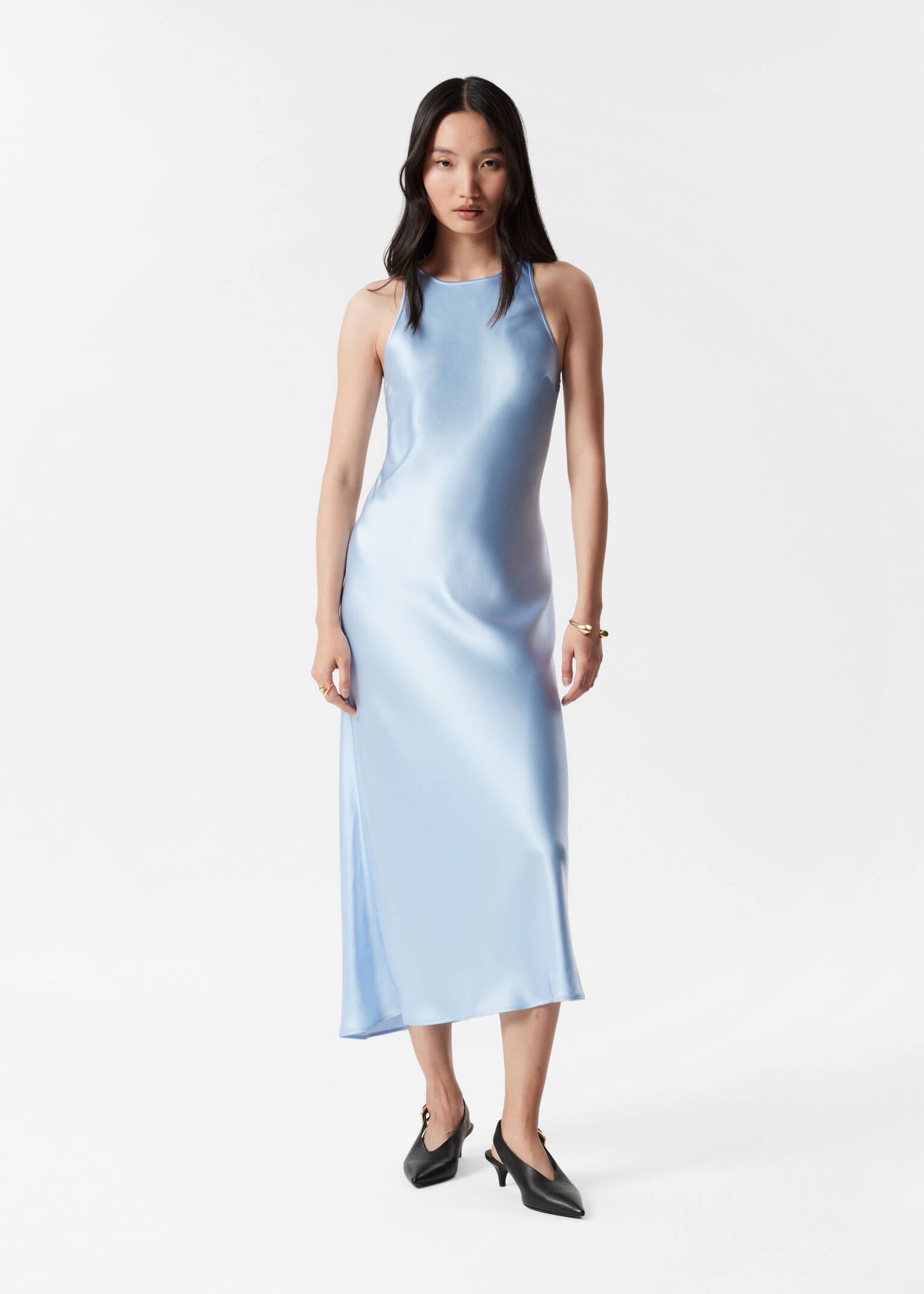 Robe midi en satin sans manches - Bleu clair/Dark pink/Marron foncé/Noir/Rose/Jaune pastel/Bleu moyen/Gris clair